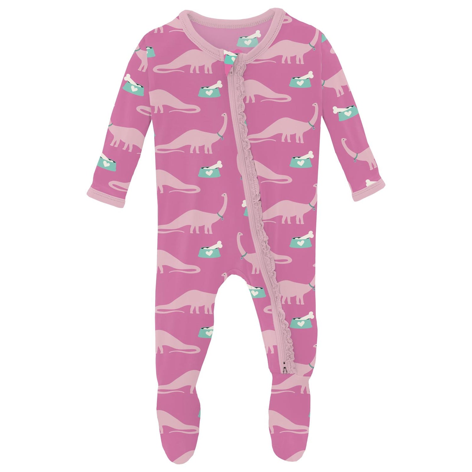 Print Muffin Ruffle Footie with 2 Way Zipper in Tulip Pet Dino