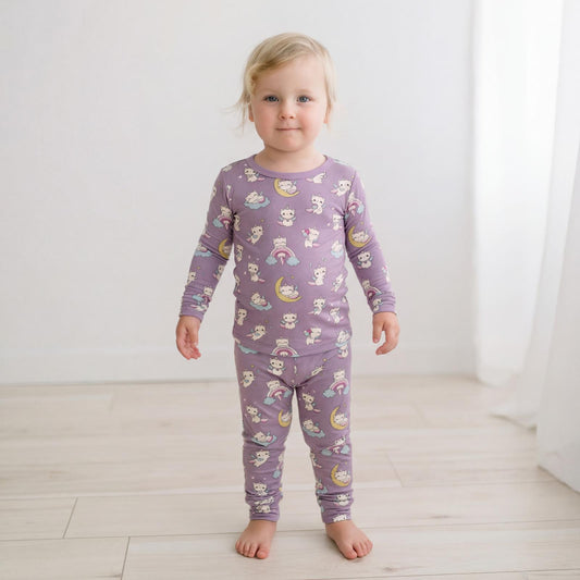 Print Long Sleeve Pajama Set in Lavender Caticorn (375286)