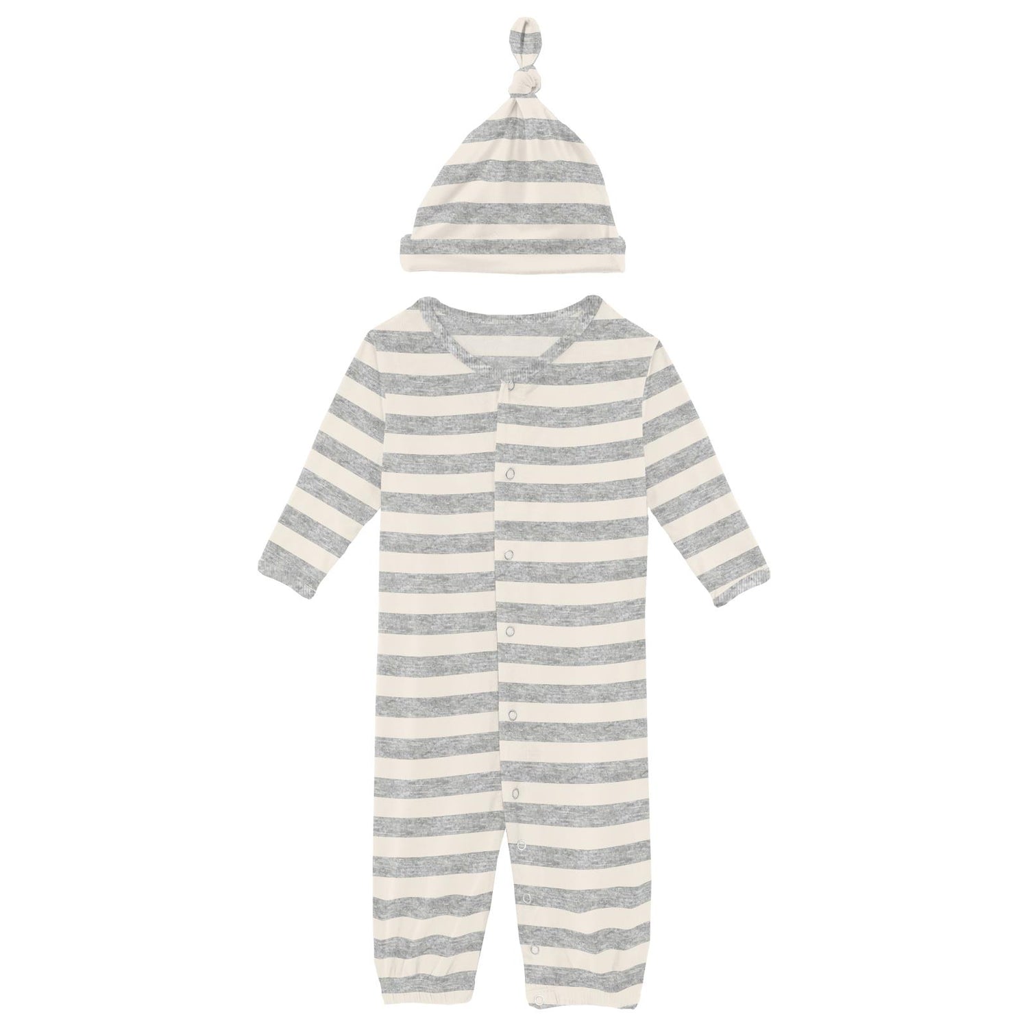 Print Layette Gown Converter & Single Knot Hat Set in Heathered Mist Sweet Stripe