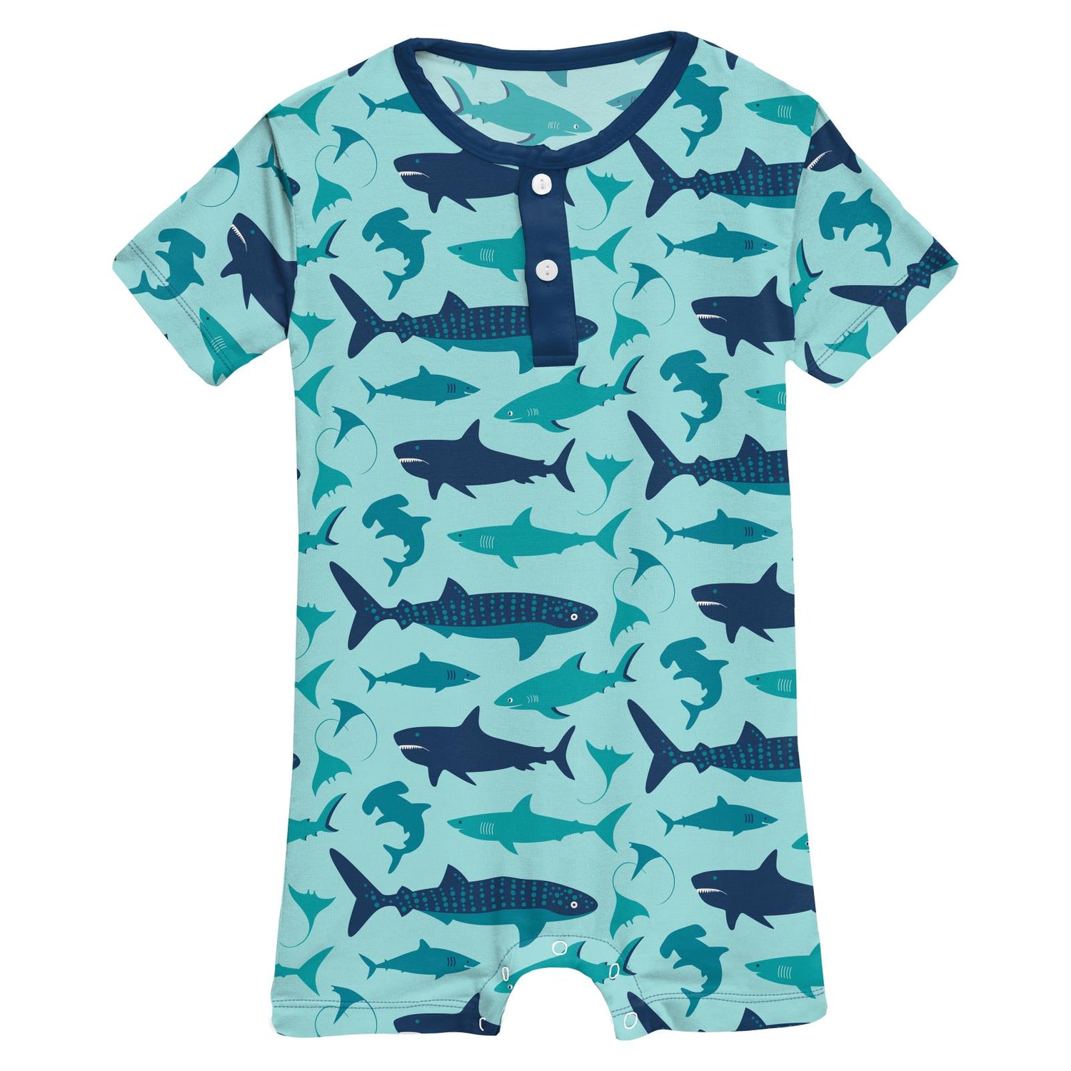 Print Short Sleeve Henley Romper in Summer Sky Sharks (246761)