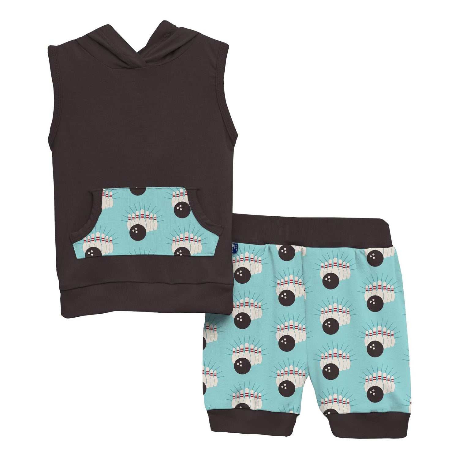 Print Short Sleeve Hoodie Tank Outfit Set in Summer Sky Bowling (240080)