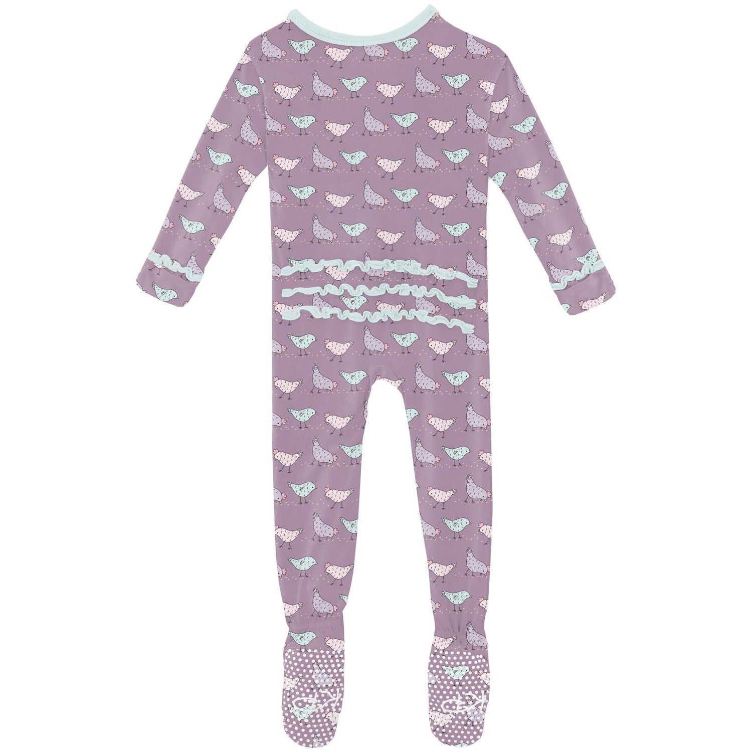 Print Muffin Ruffle Footie with 2 Way Zipper in Lavender Chickens (312960)