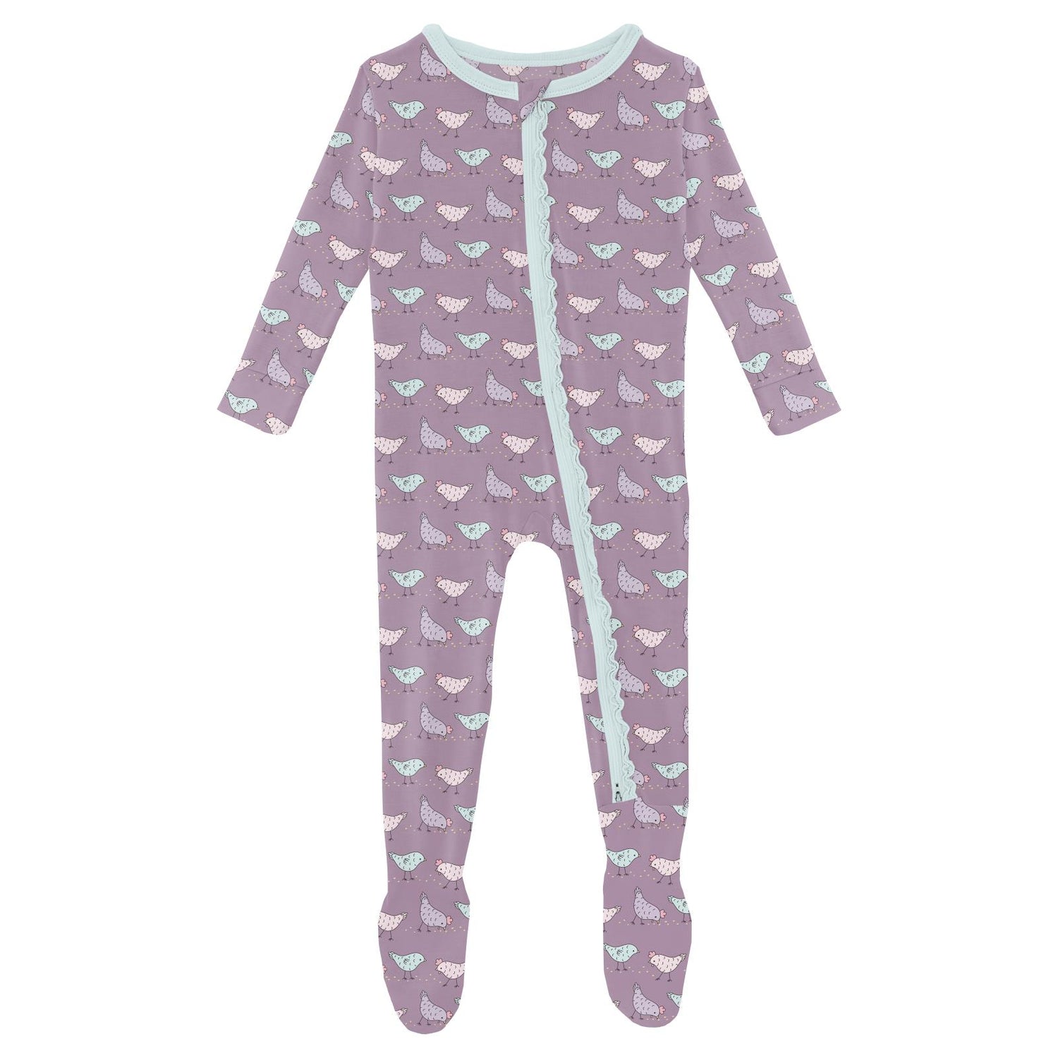 Print Muffin Ruffle Footie with 2 Way Zipper in Lavender Chickens (313020)