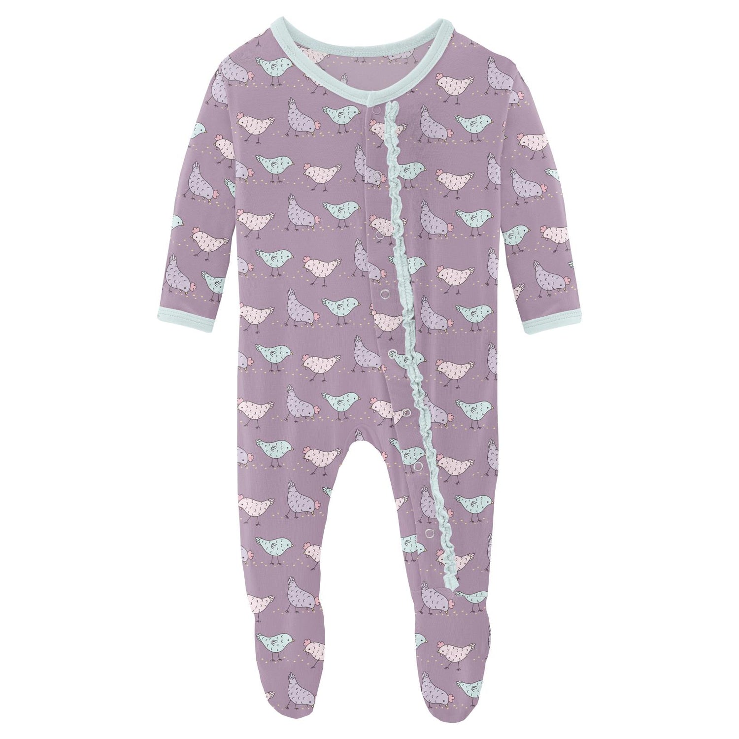 Print Muffin Ruffle Footie with Snaps in Lavender Chickens (313176)