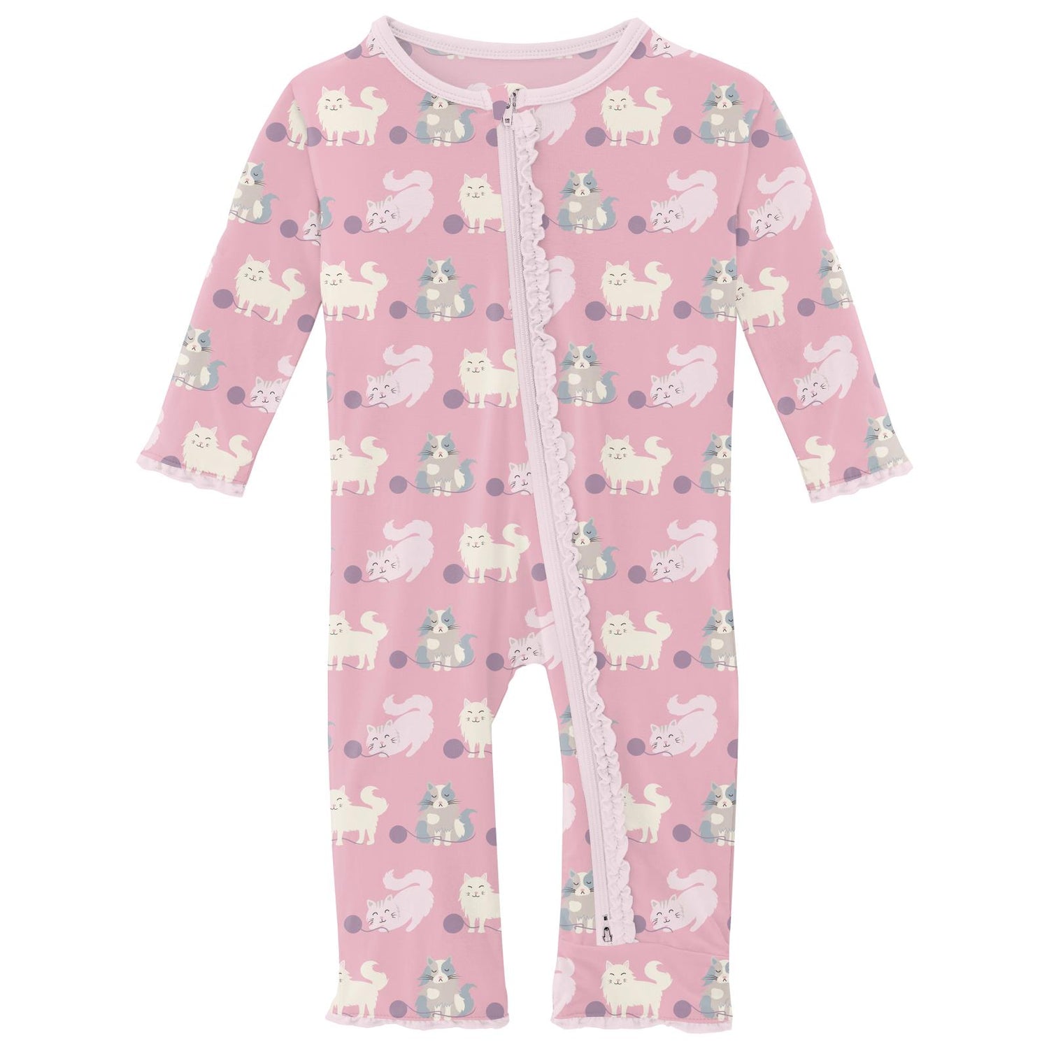 Print Muffin Ruffle Coverall with 2 Way Zipper in Cake Pop Cats and Yarn (313080)