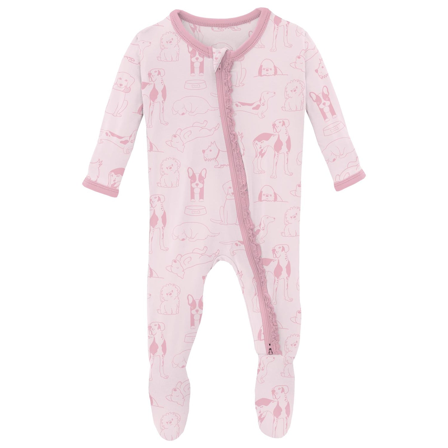 Print Muffin Ruffle Footie with 2 Way Zipper in Shrinking Violet Dogs (313254)