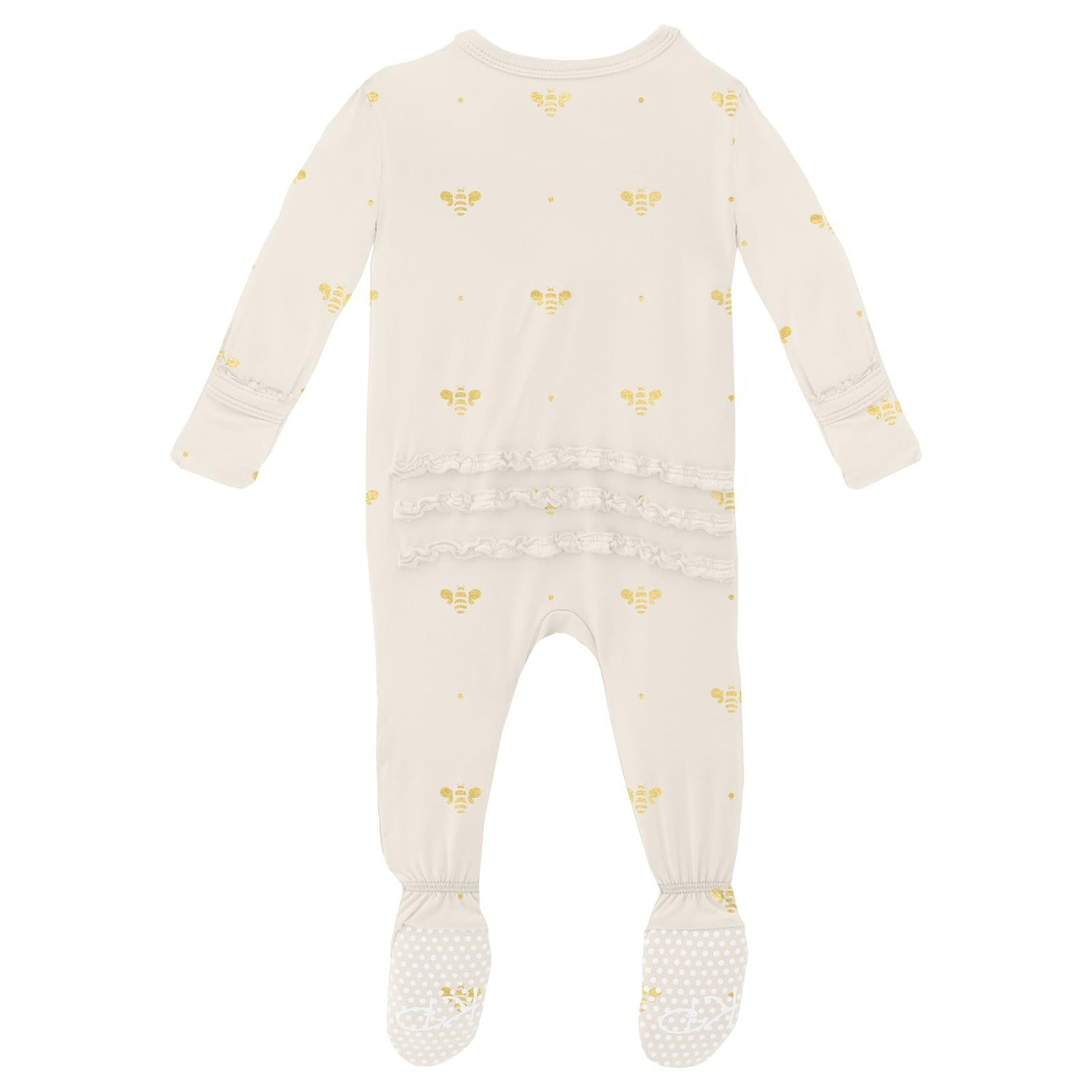 Print Muffin Ruffle Footie with 2 Way Zipper in Gold Bees (313284)
