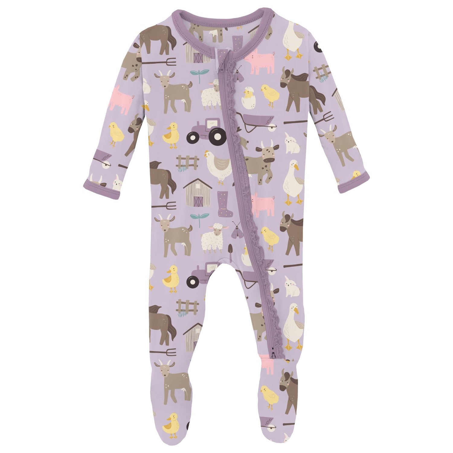 Print Muffin Ruffle Footie with 2 Way Zipper in Thistle Morning on the Farm (313511)