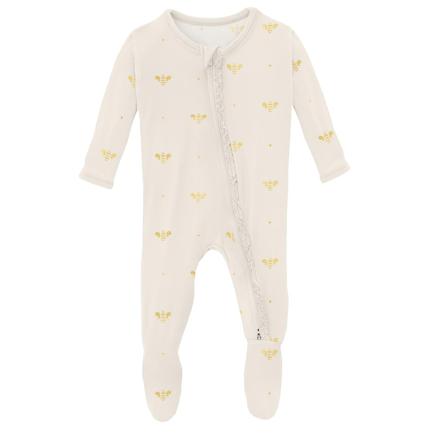 Print Muffin Ruffle Footie with 2 Way Zipper in Gold Bees (313513)
