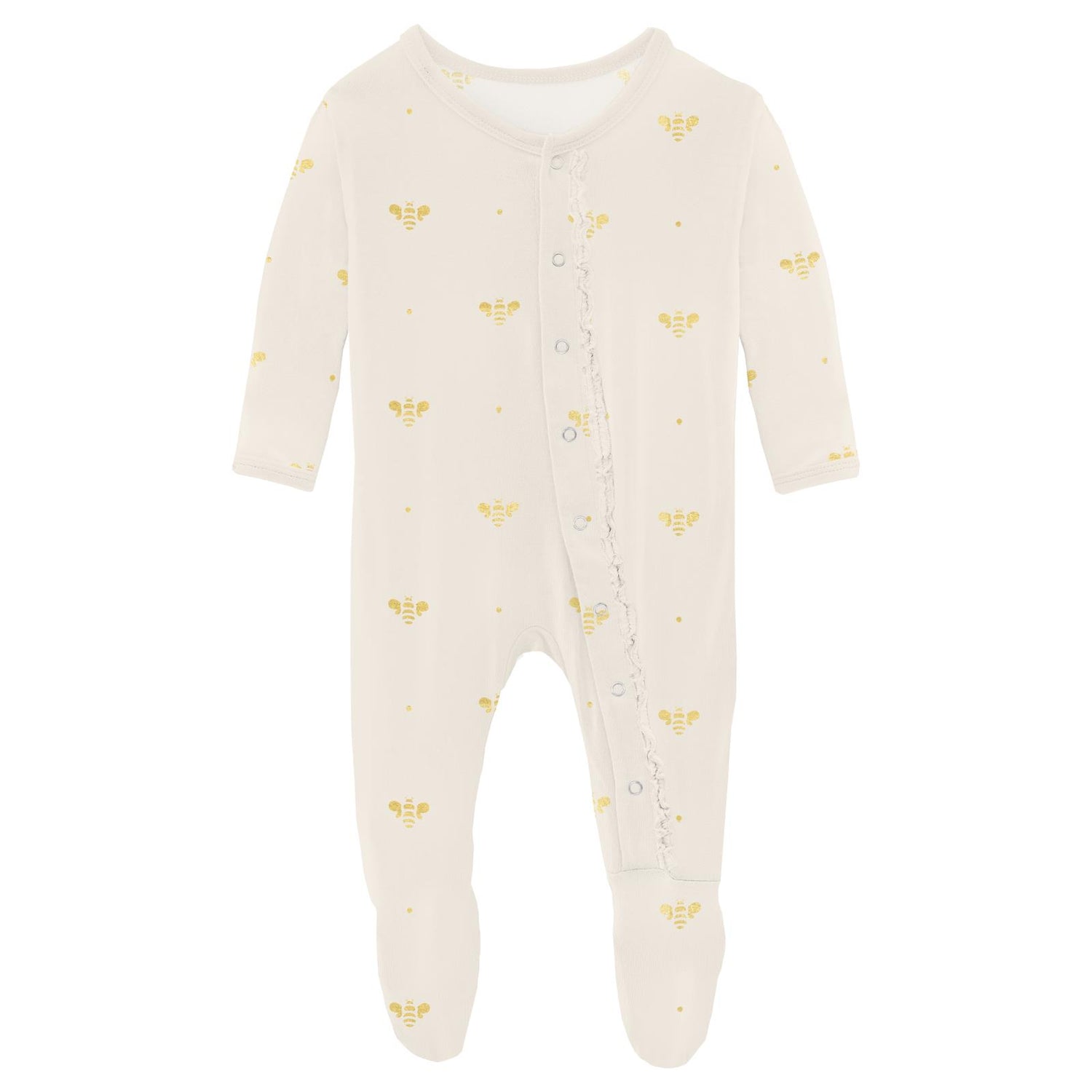 Print Muffin Ruffle Footie with Snaps in Gold Bees (313538)