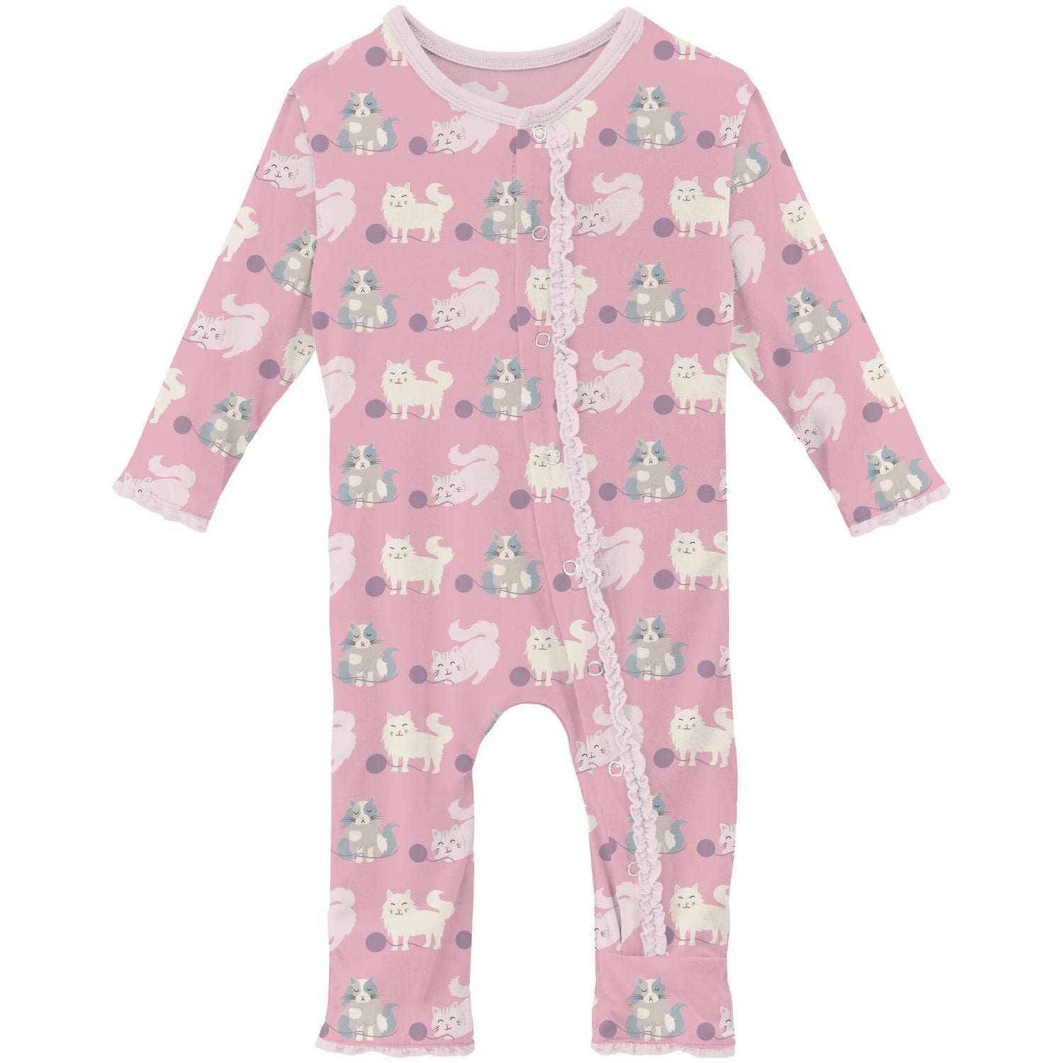 Print Muffin Ruffle Coverall with Snaps in Cake Pop Cats and Yarn (313543)