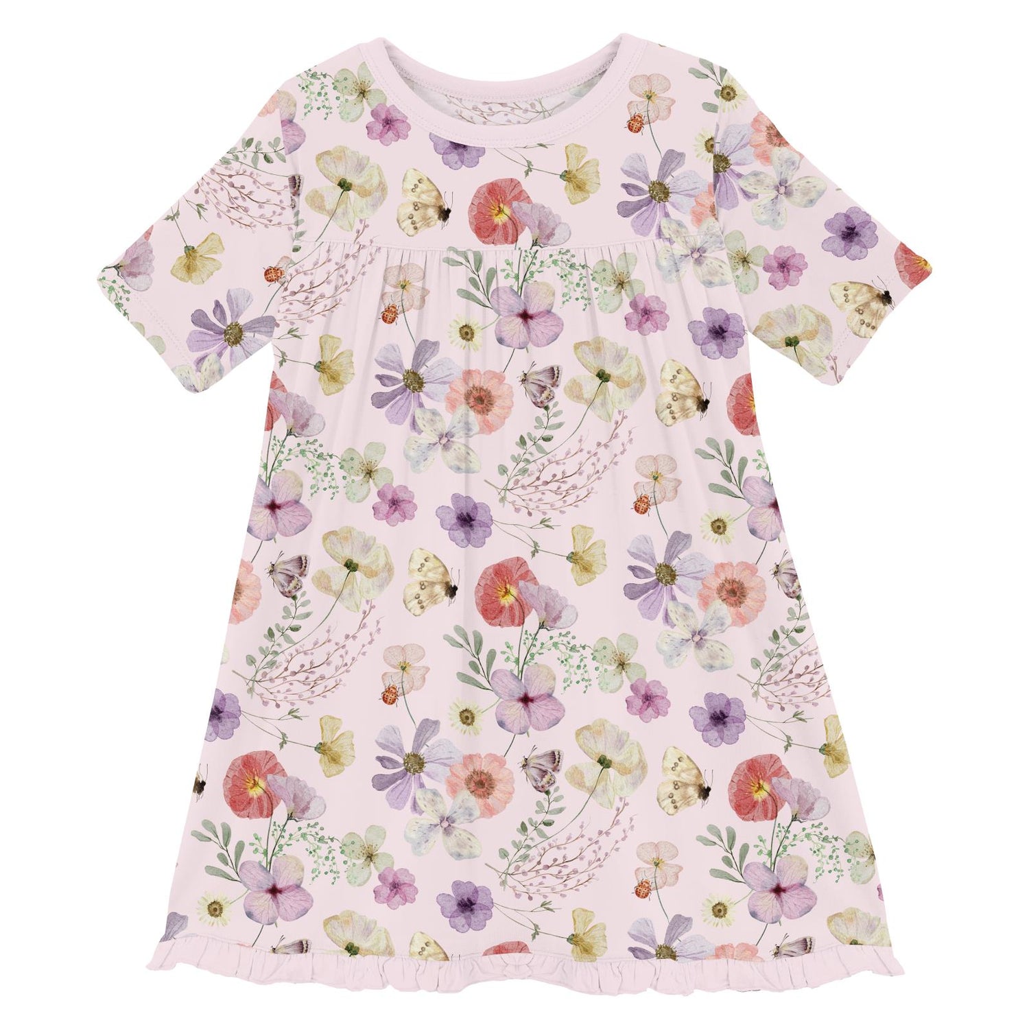 Print Short Sleeve Swing Dress in Shrinking Violet Pressed Flowers (360006)