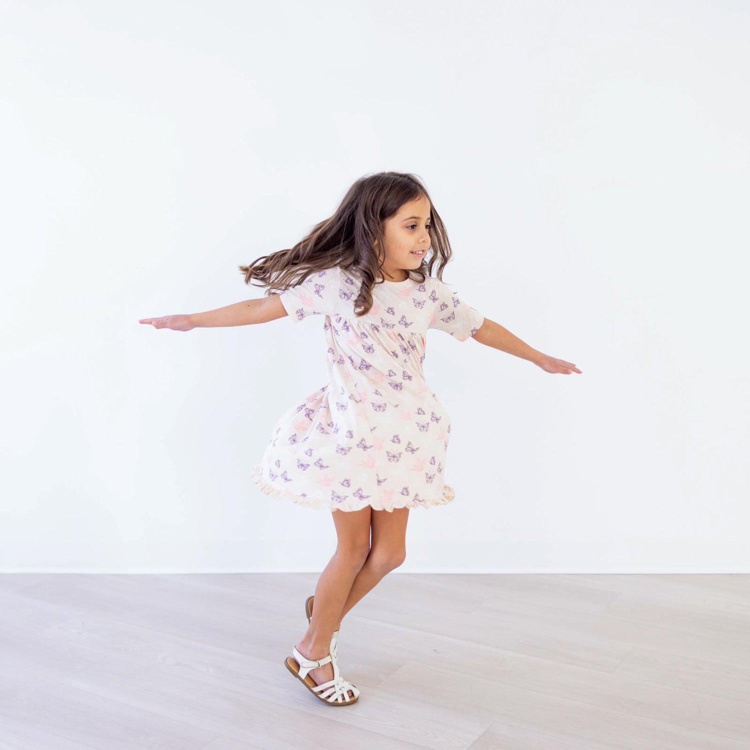 Print Short Sleeve Swing Dress in Latte Butterflies (360017)