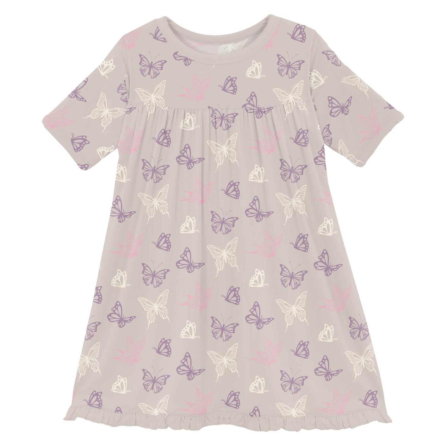 Print Short Sleeve Swing Dress in Latte Butterflies (360011)