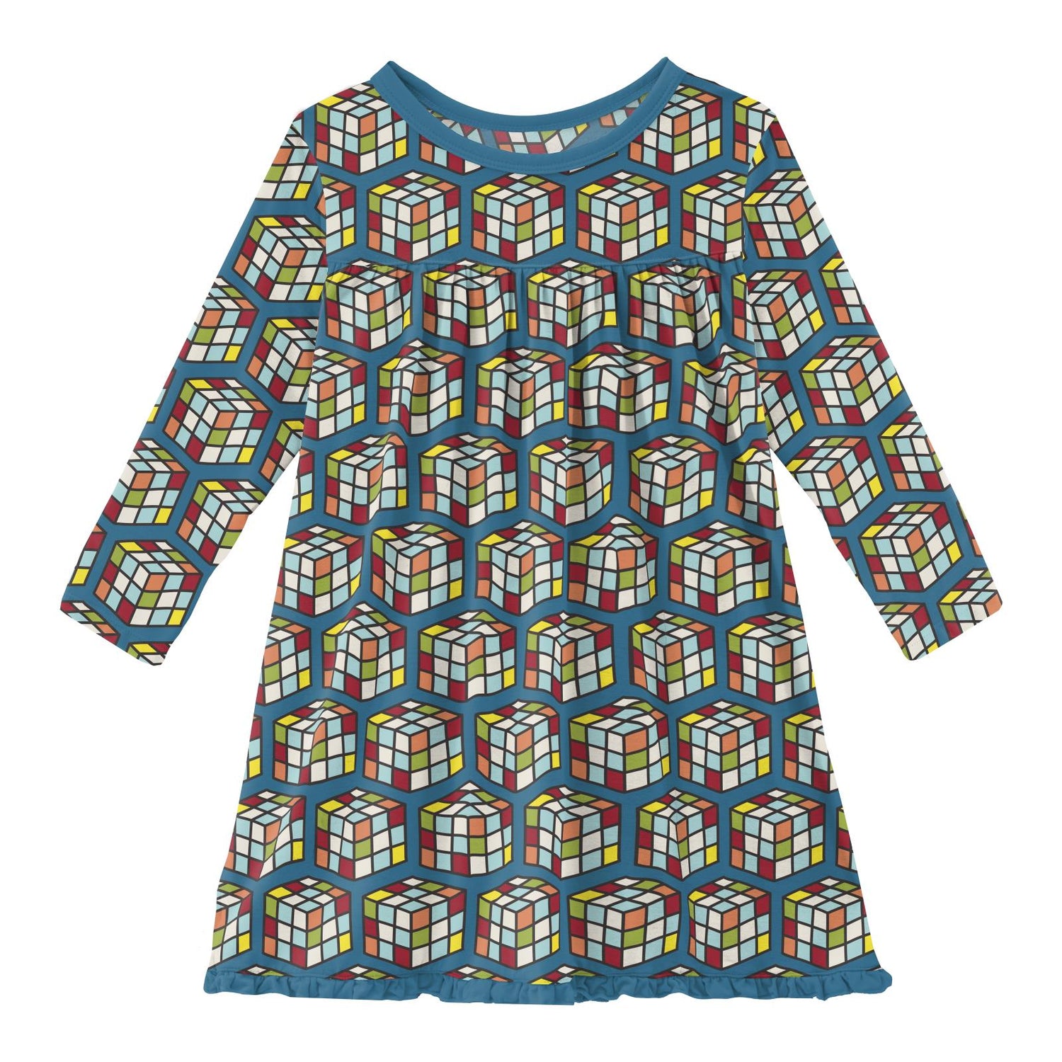 Print Long Sleeve Swing Dress in Cerulean Blue Puzzle Cube (248214)