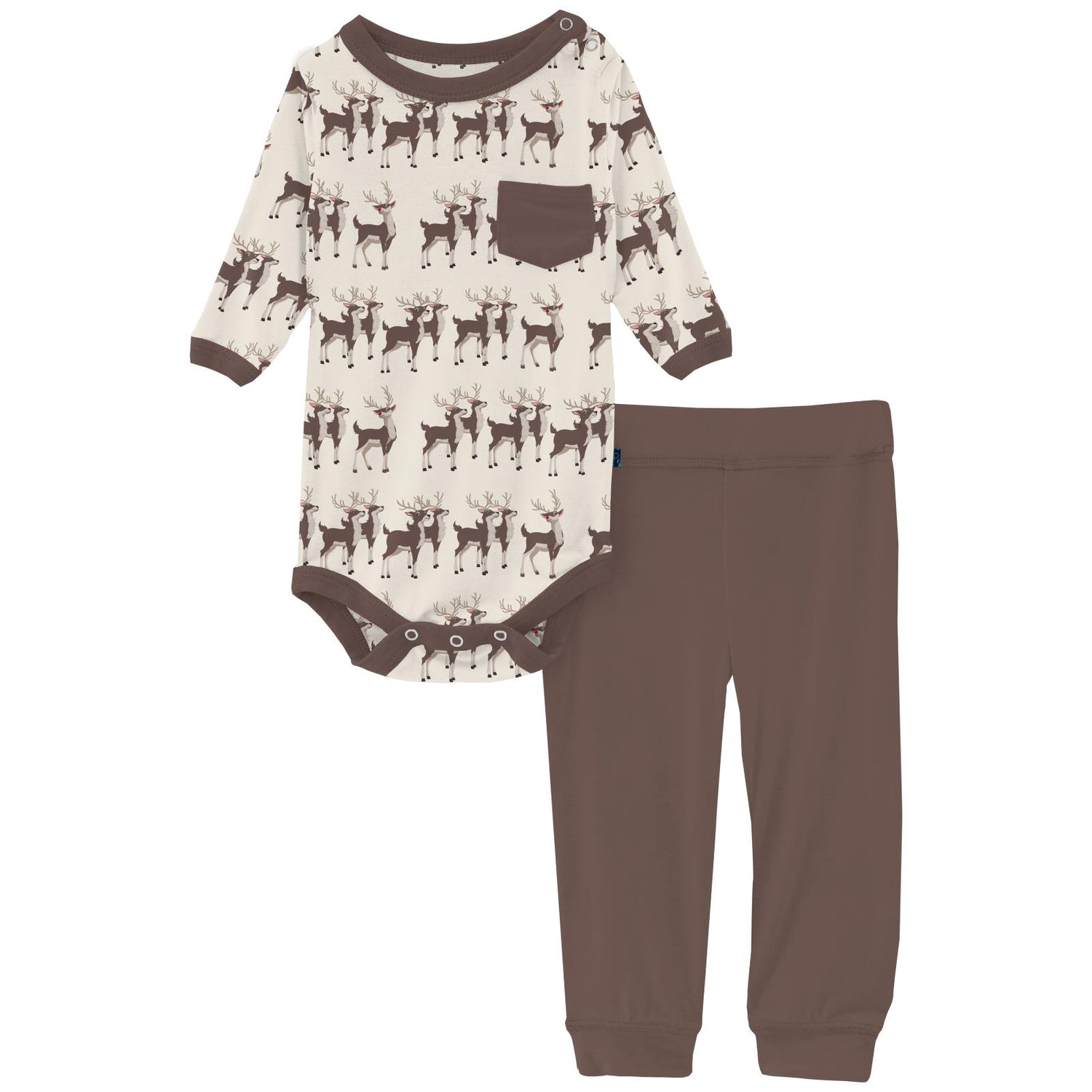 Print Long Sleeve Pocket One Piece & Pants Outfit Set in Natural Rudolph