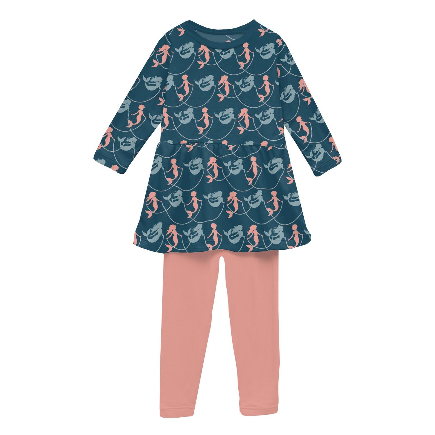 Print Long Sleeve Playtime Outfit Set in Peacock Mermaids & Pearls