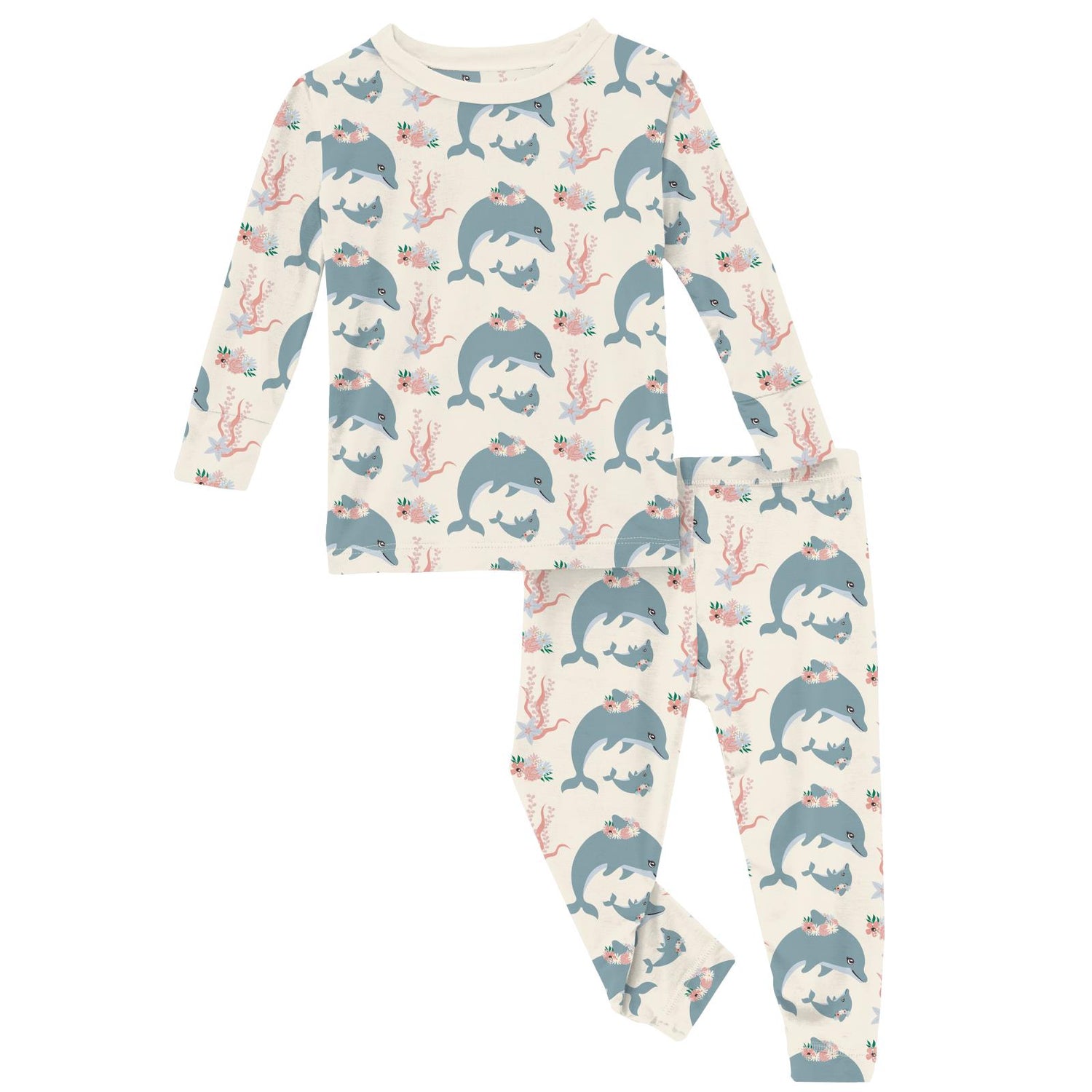 Print Long Sleeve Pajama Set in Natural Dolphins