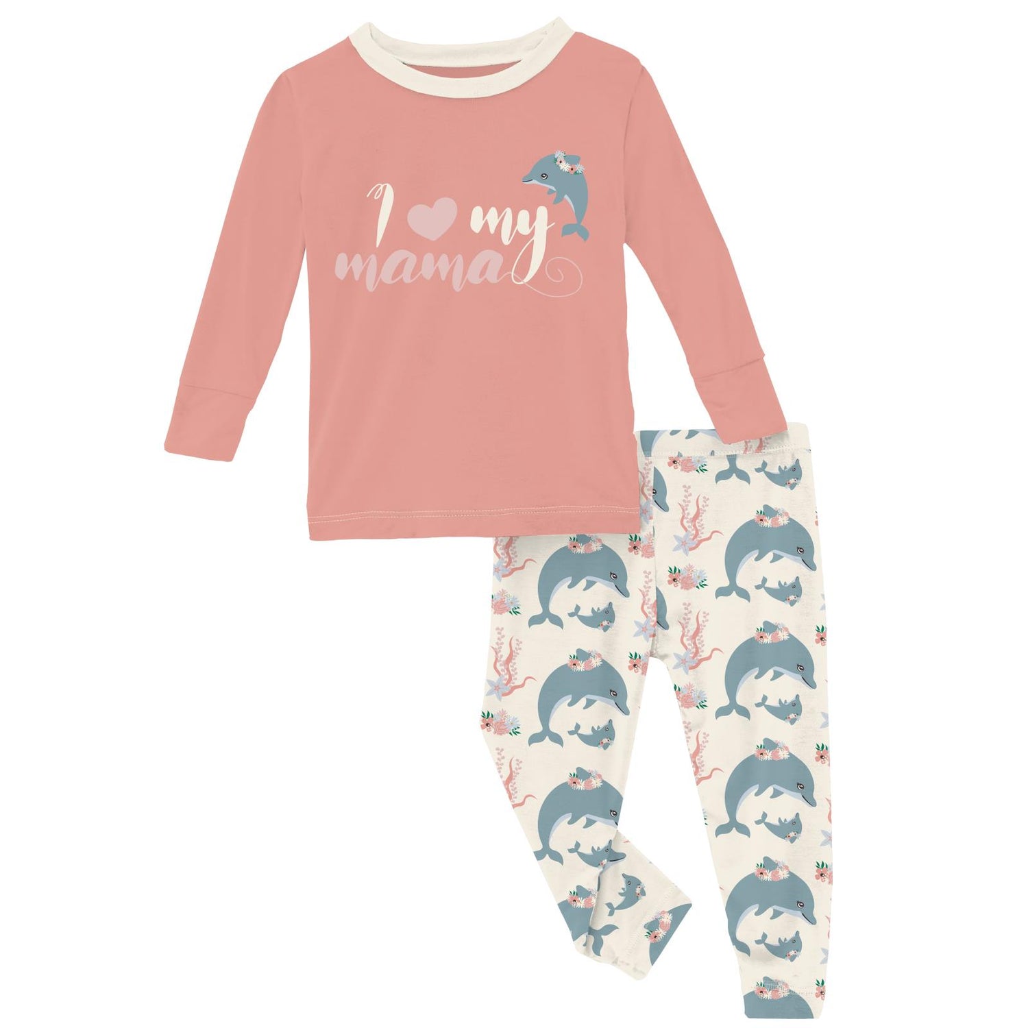 Long Sleeve Graphic Tee Pajama Set in Natural Dolphins