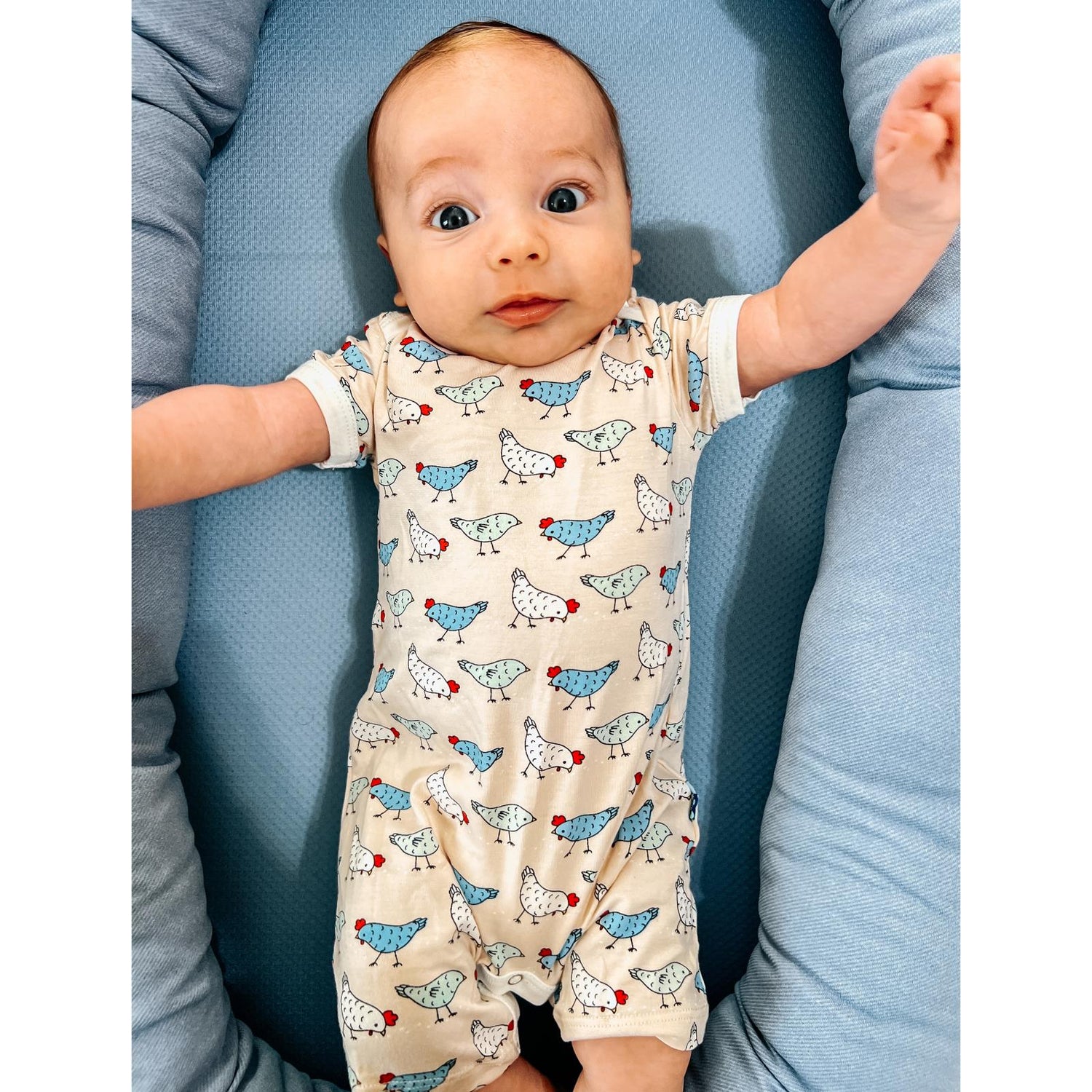 Print Short Sleeve Beau Romper in Latte Chickens (359617)