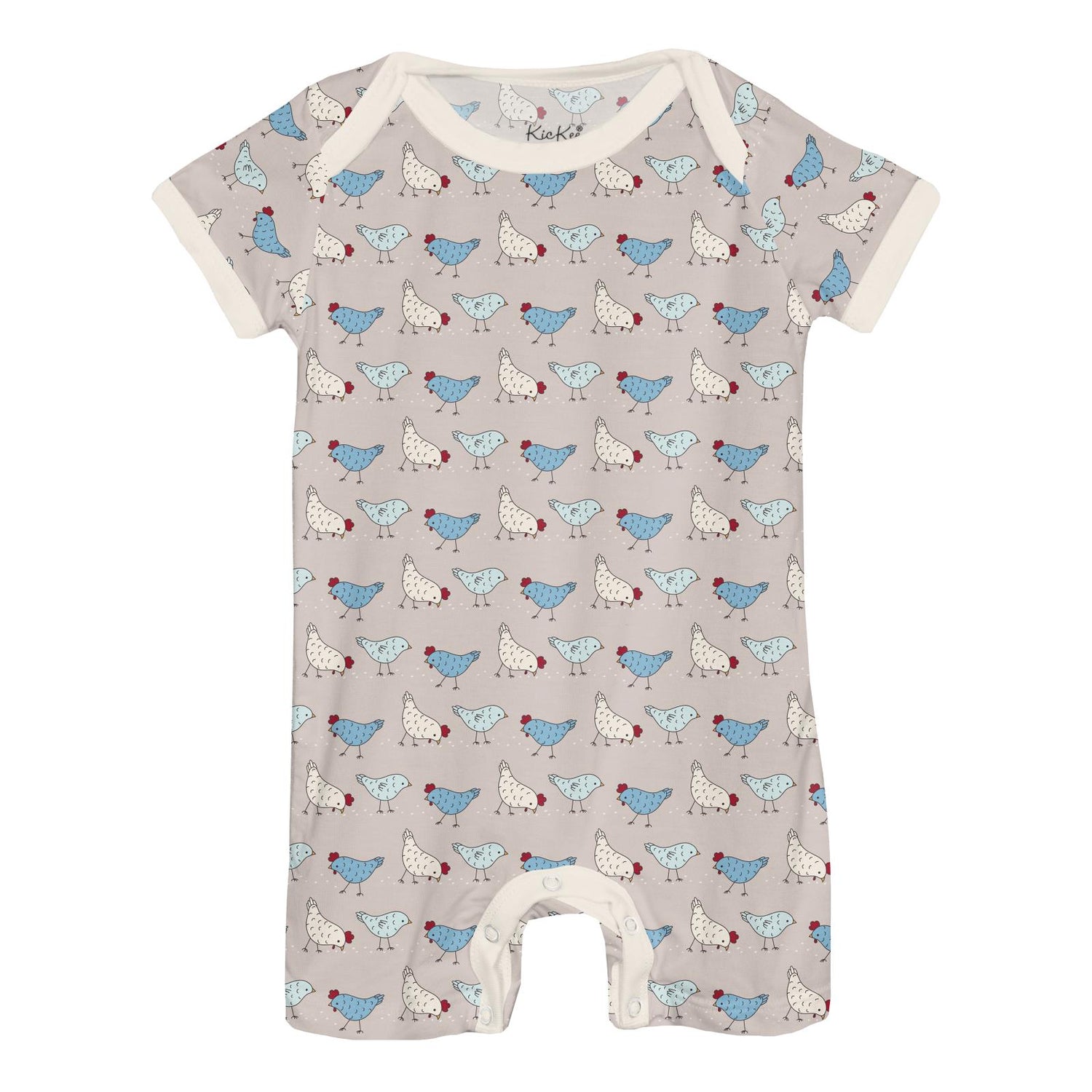 Print Short Sleeve Beau Romper in Latte Chickens (359618)