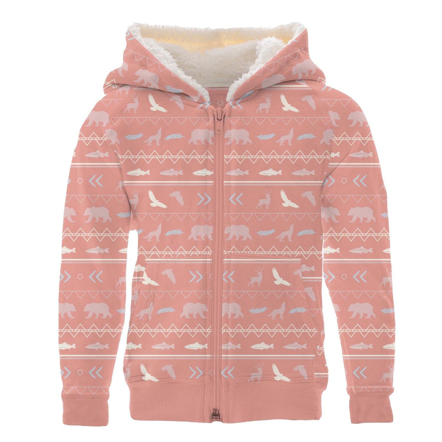 Print Fleece Zip-Front Hoodie with Sherpa-lined Hood in Blush Native Tribal Lore