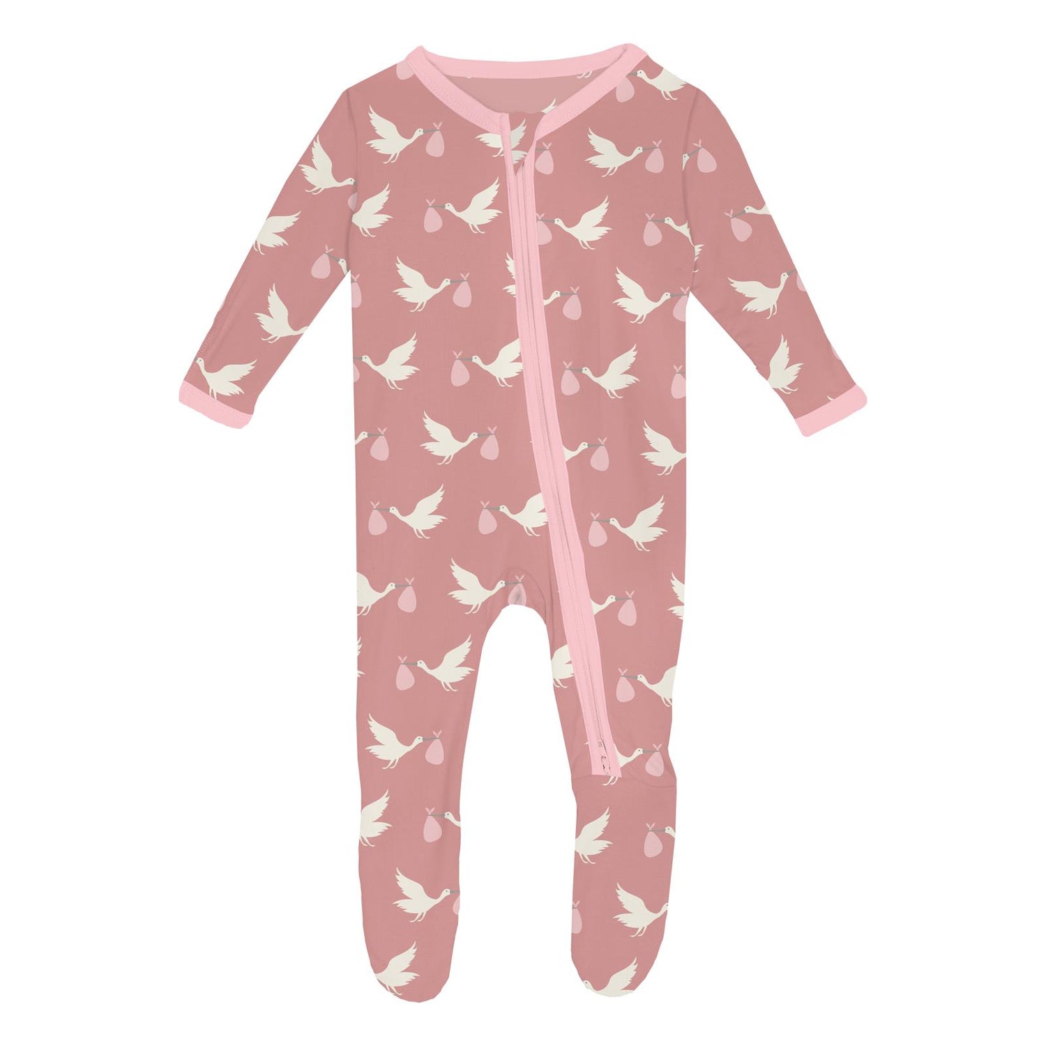 Print Footie with 2 Way Zipper in Blush Stork (360379)