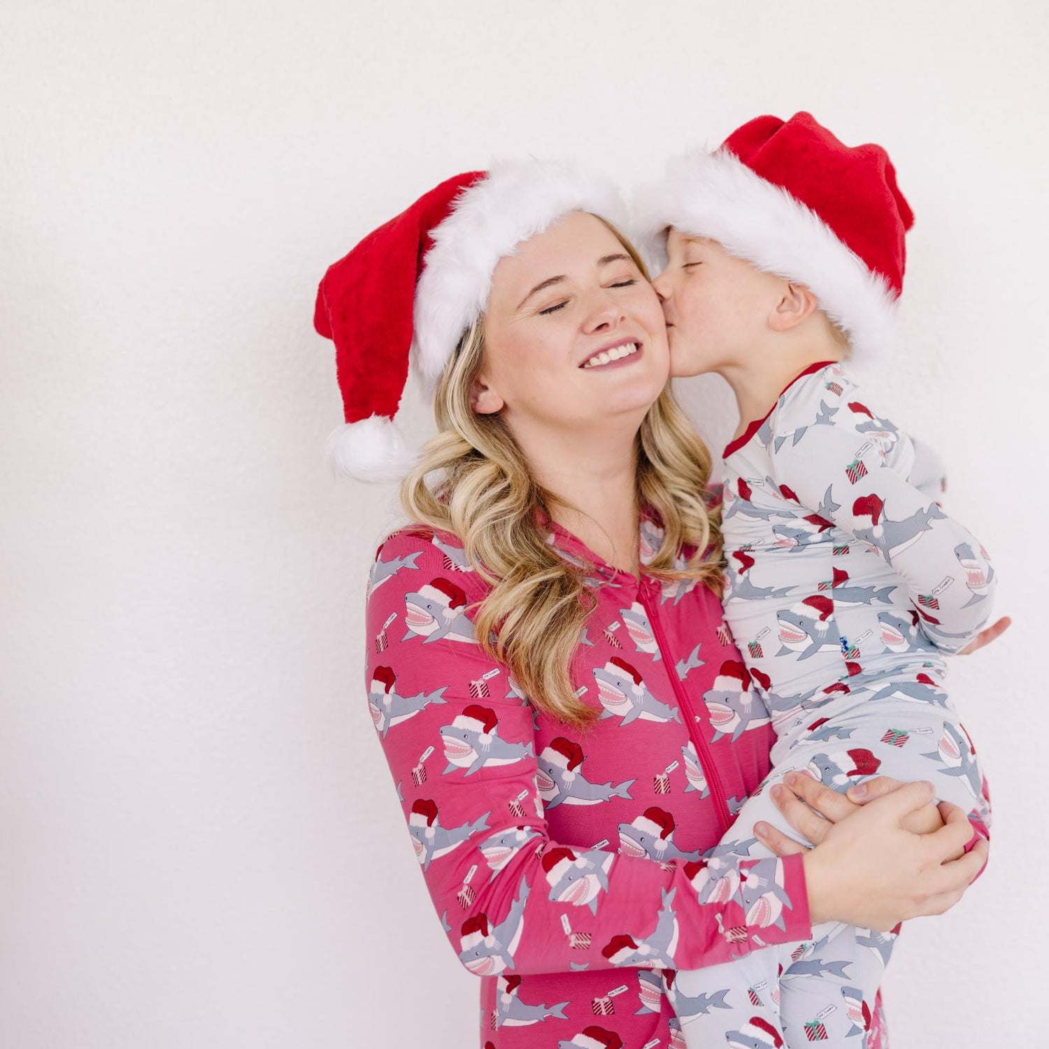 Women's Print Long Sleeve Jumpsuit with Hood in Winter Rose Holiday Sharks
