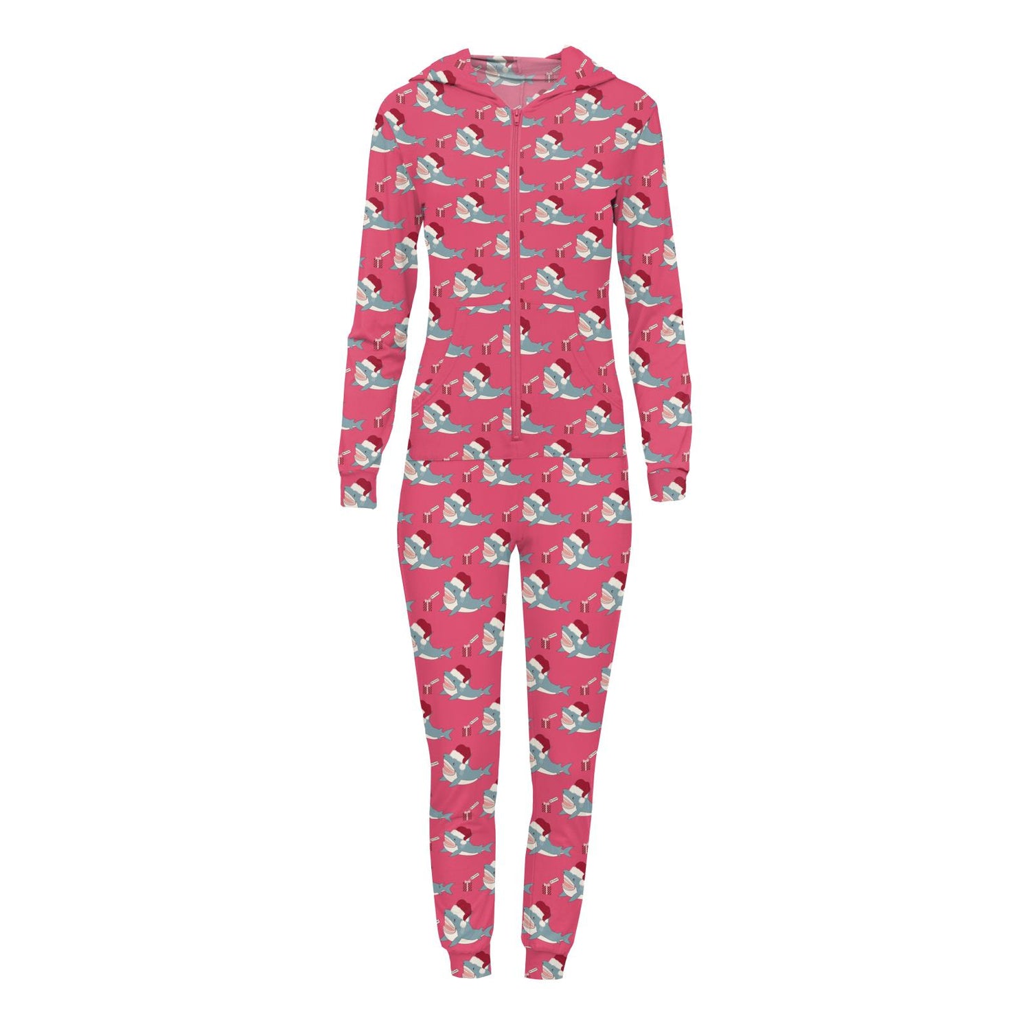Women's Print Long Sleeve Jumpsuit with Hood in Winter Rose Holiday Sharks