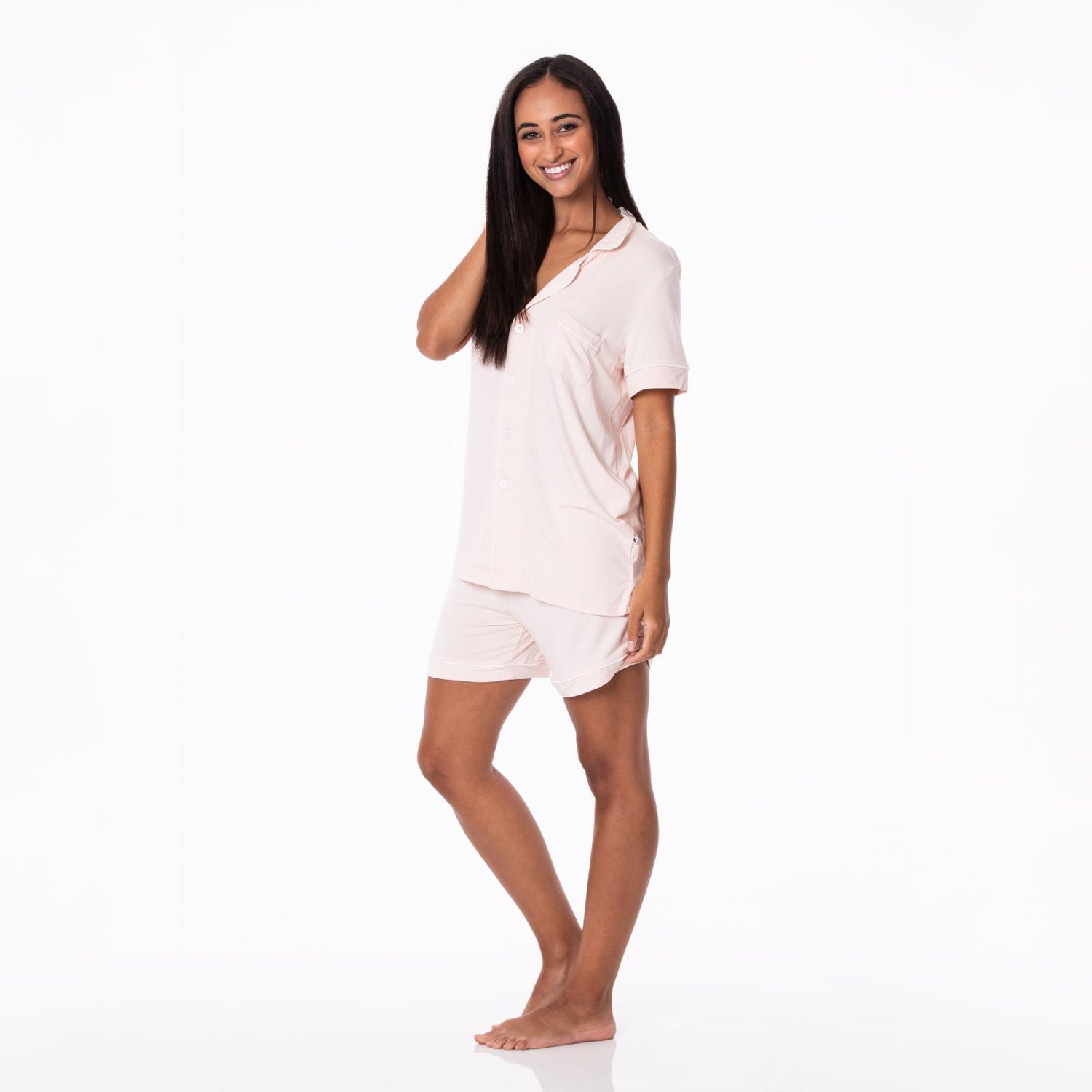 Women's Solid Short Sleeve Collared Pajama Set with Shorts in Macaroon with Natural