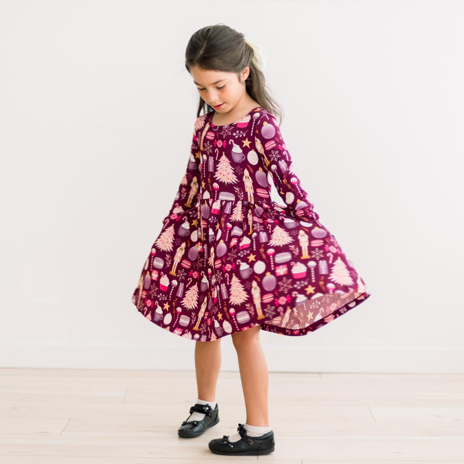 Print Long Sleeve Twirl Dress with Pockets in Melody Sugar Plum (371567)