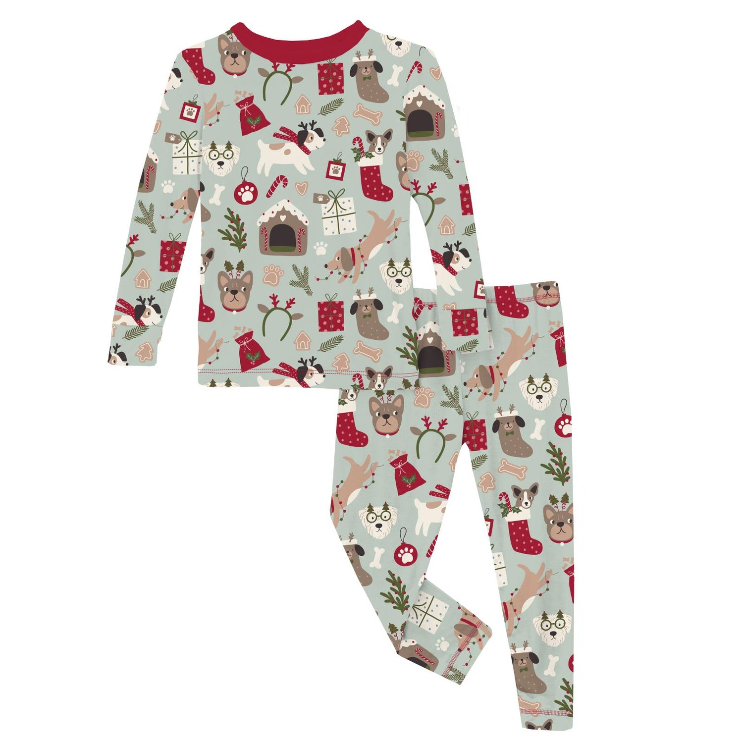 Print Long Sleeve Pajama Set in Aloe Christmas Dogs (371588)
