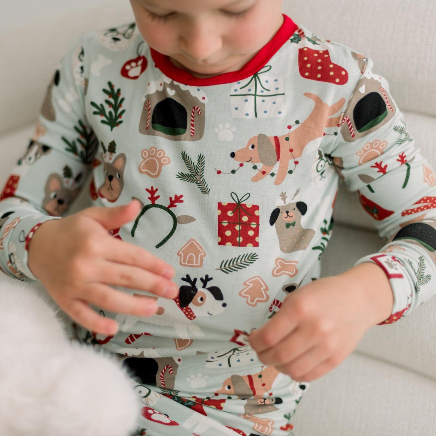 Print Long Sleeve Pajama Set in Aloe Christmas Dogs (371599)