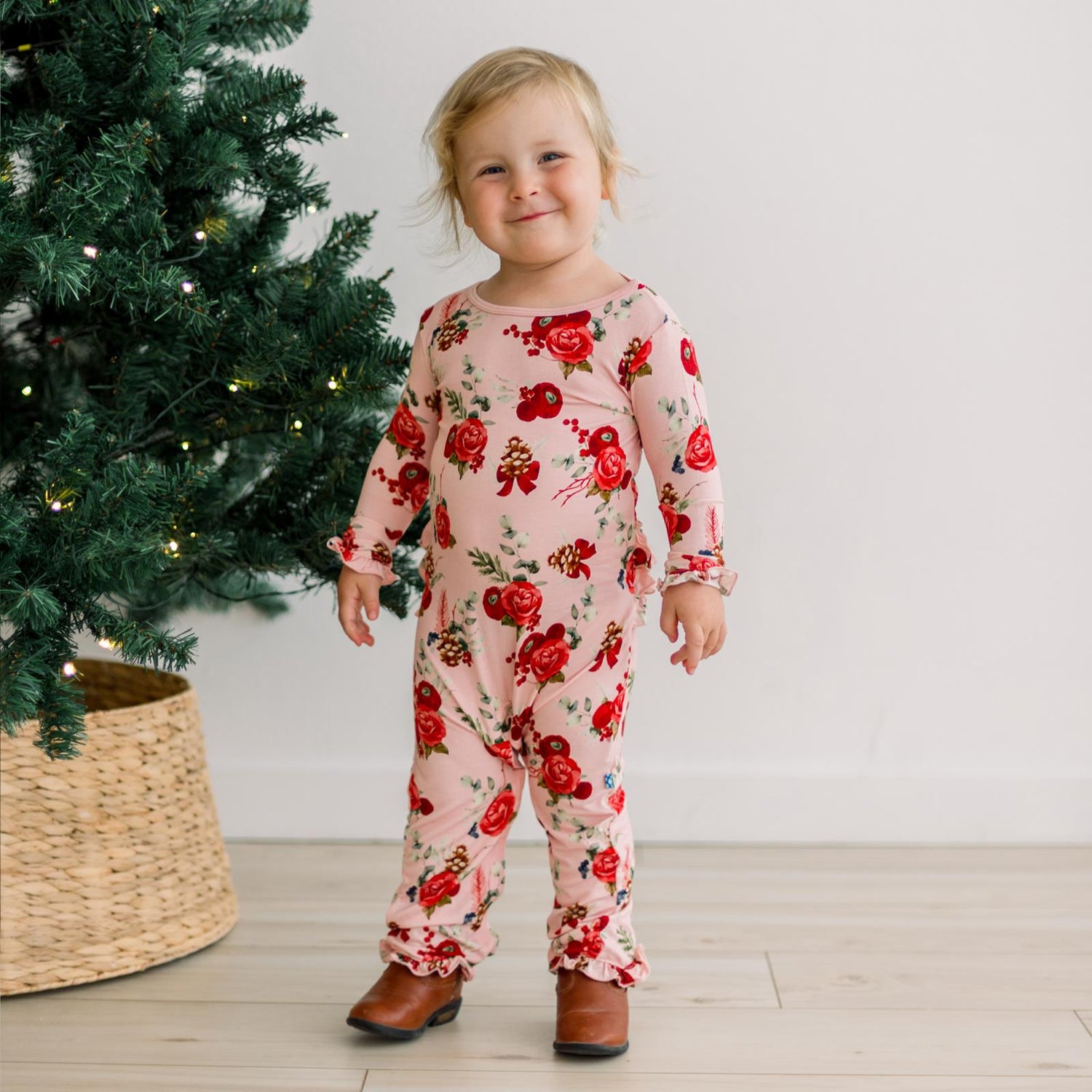 Print Oh La La Ruffle Romper in Baby Rose Holiday Floral (371614)