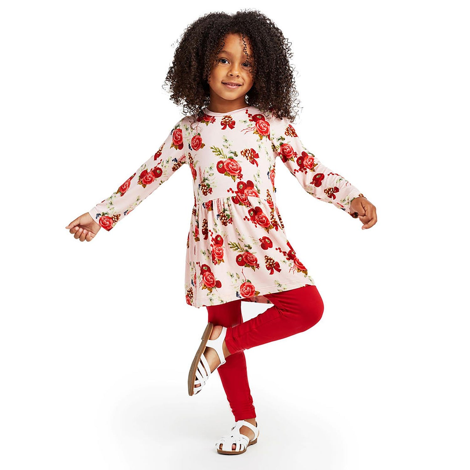 Print Long Sleeve Playtime Outfit Set in Baby Rose Holiday Floral (371619)