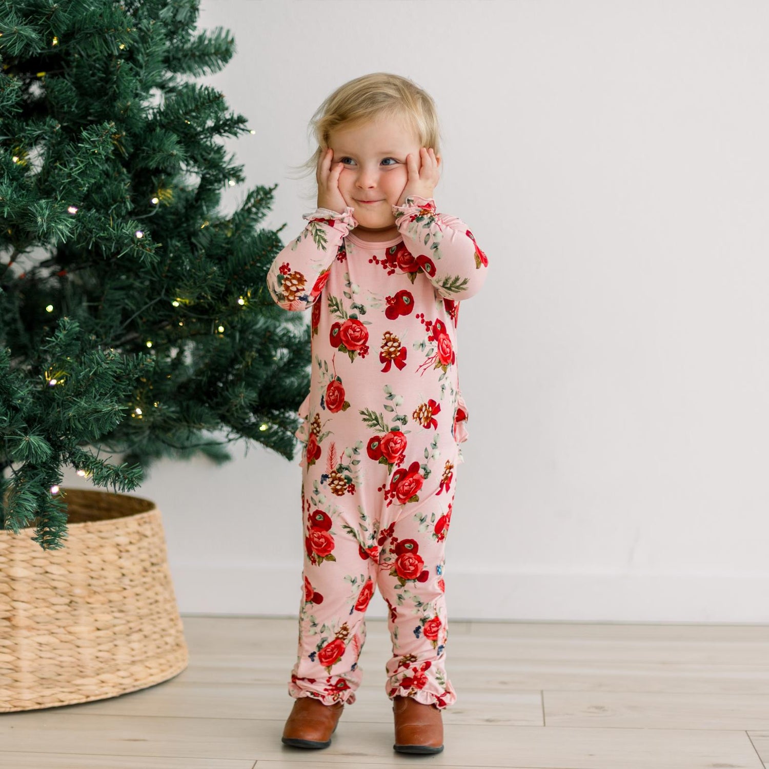 Print Oh La La Ruffle Romper in Baby Rose Holiday Floral (371629)