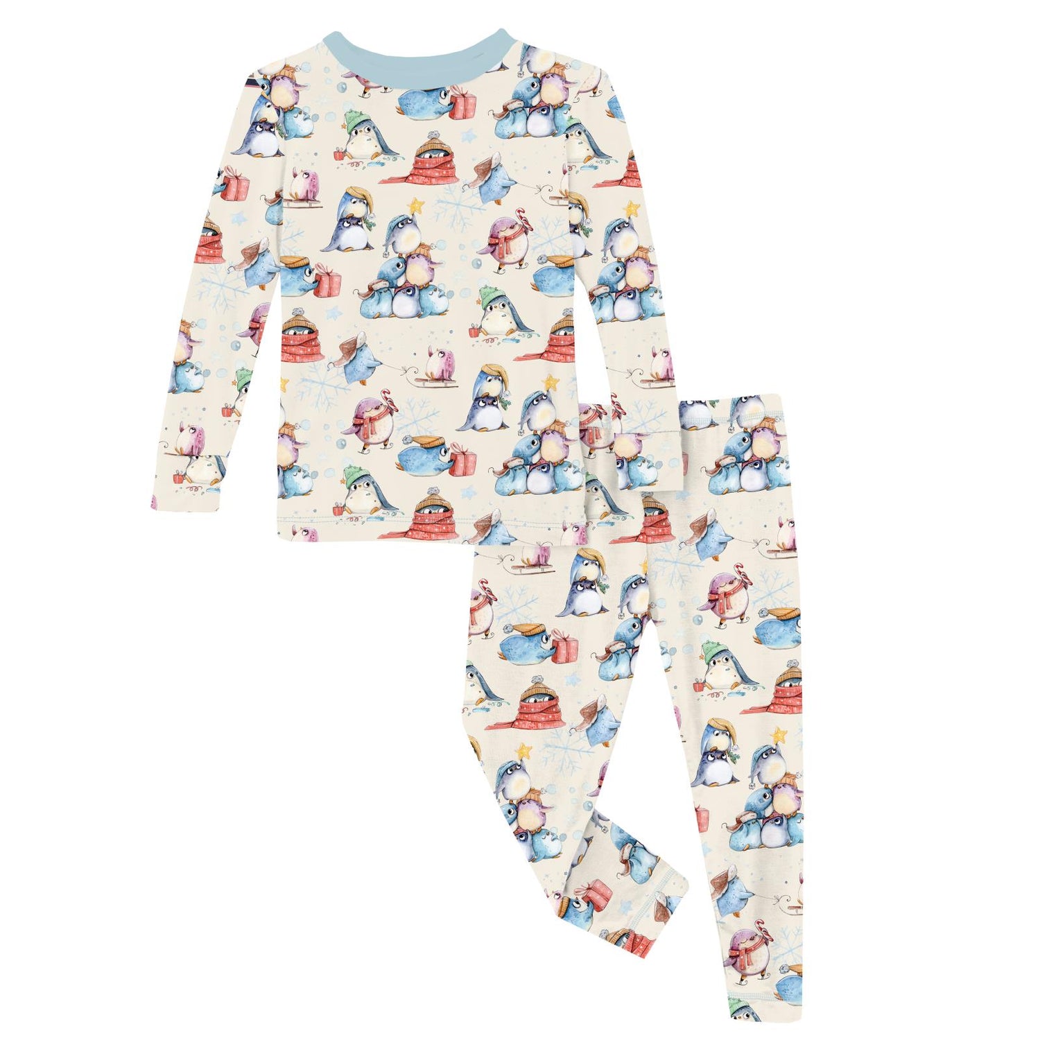 Print Long Sleeve Pajama Set in Natural Silly Penguins (371620)