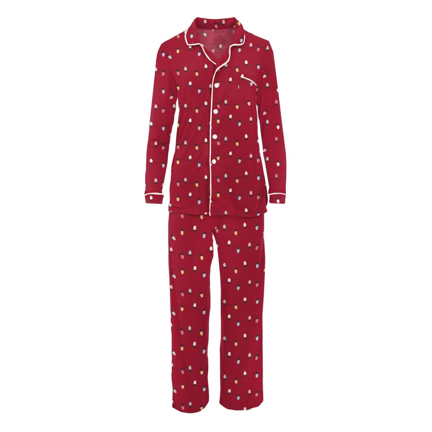 Women's Print Long Sleeve Collared Pajama Set in Crimson Holiday Lights (371635)