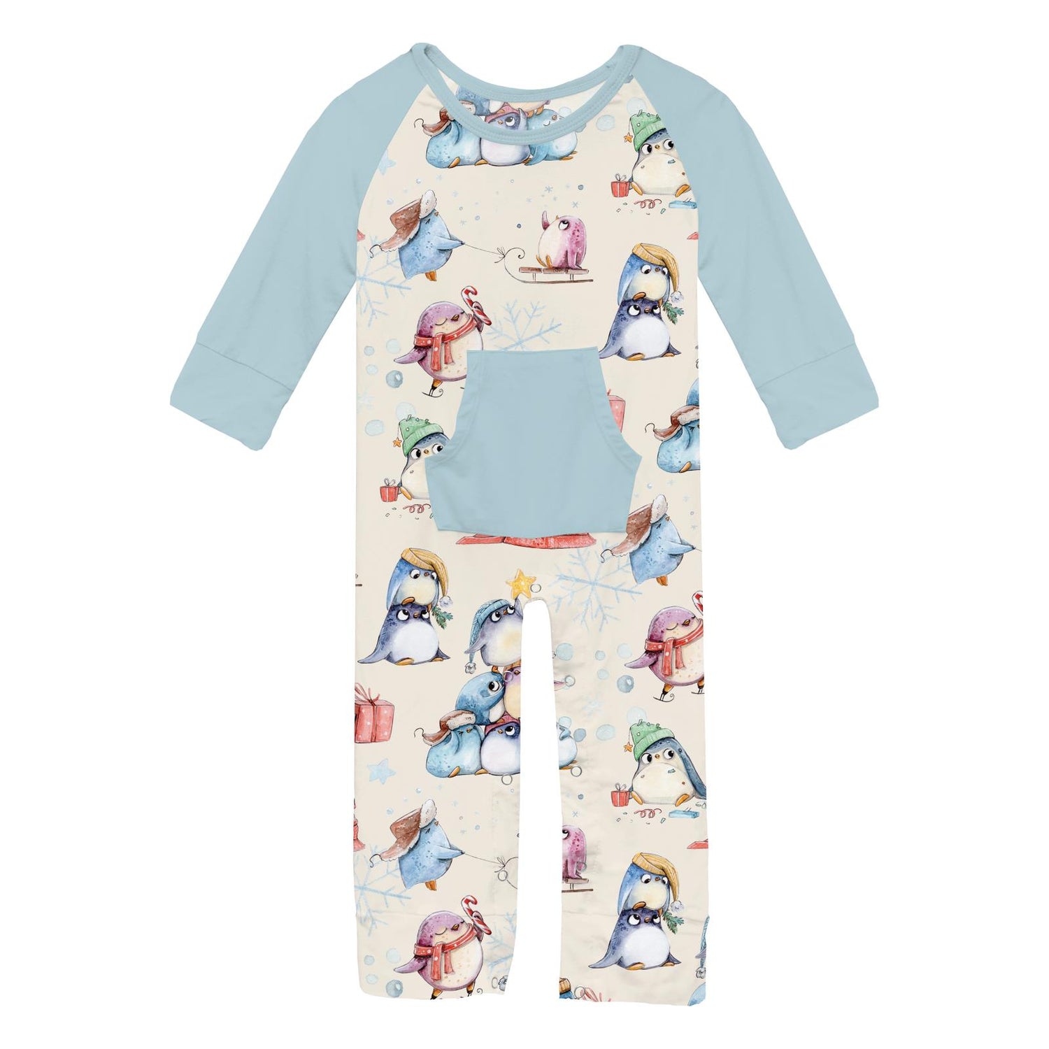 Print Long Sleeve Raglan Romper with Kangaroo Pocket in Natural Silly Penguins (371640)