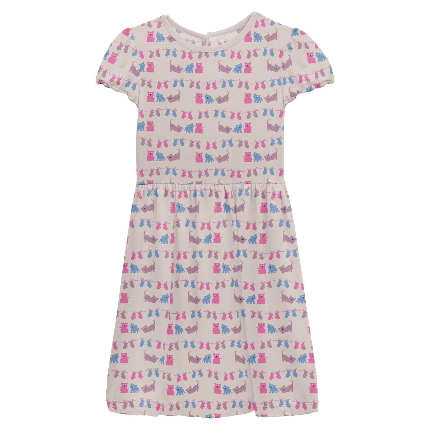 Print Flutter Sleeve Twirl Dress with Pockets in Latte 3 Little Kittens (357608)