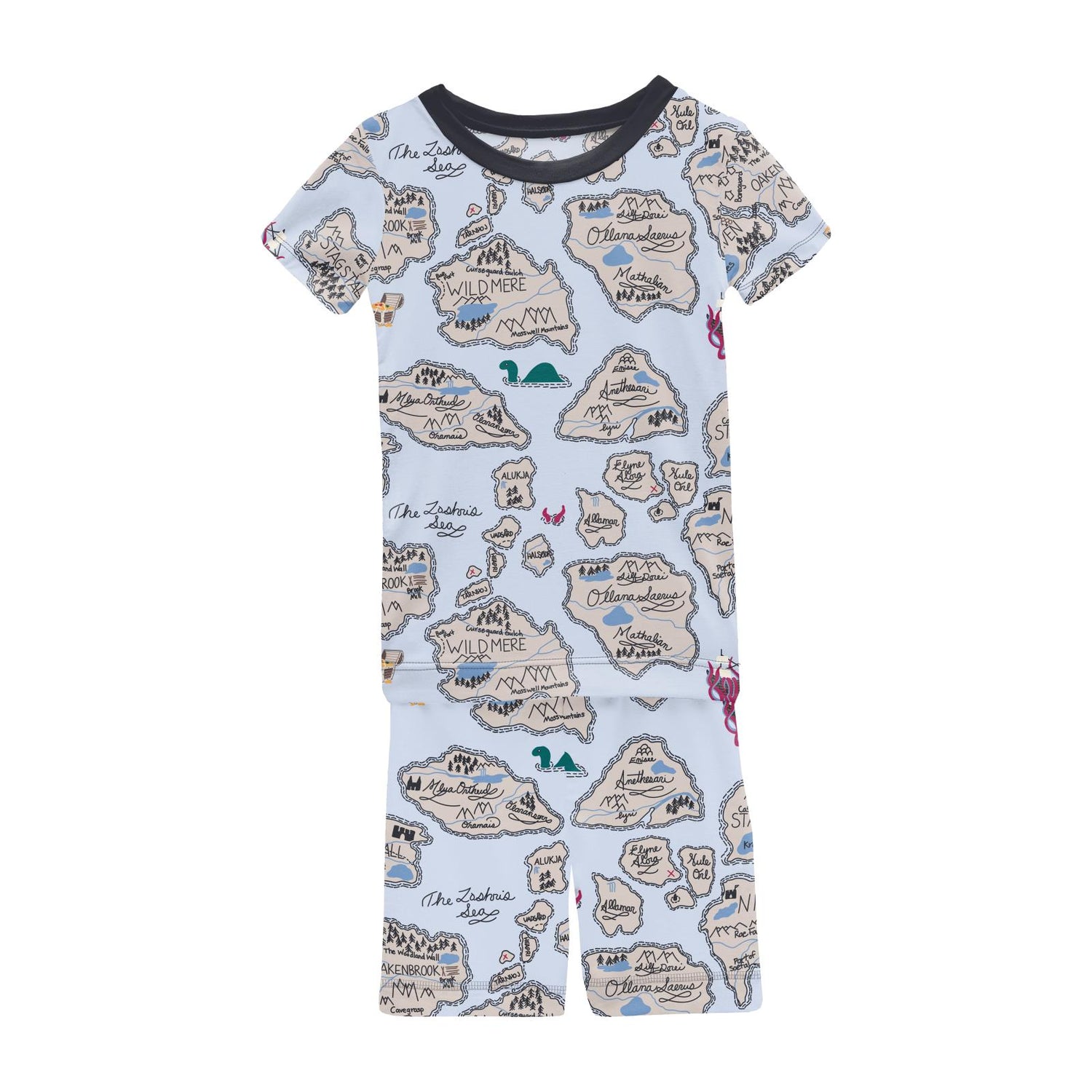 Print Short Sleeve Pajama Set with Shorts in Dew Pirate Map (357698)
