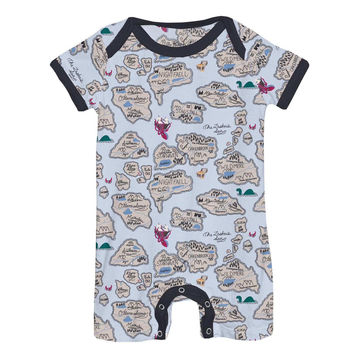 Print Short Sleeve Beau Romper in Dew Pirate Map (357856)