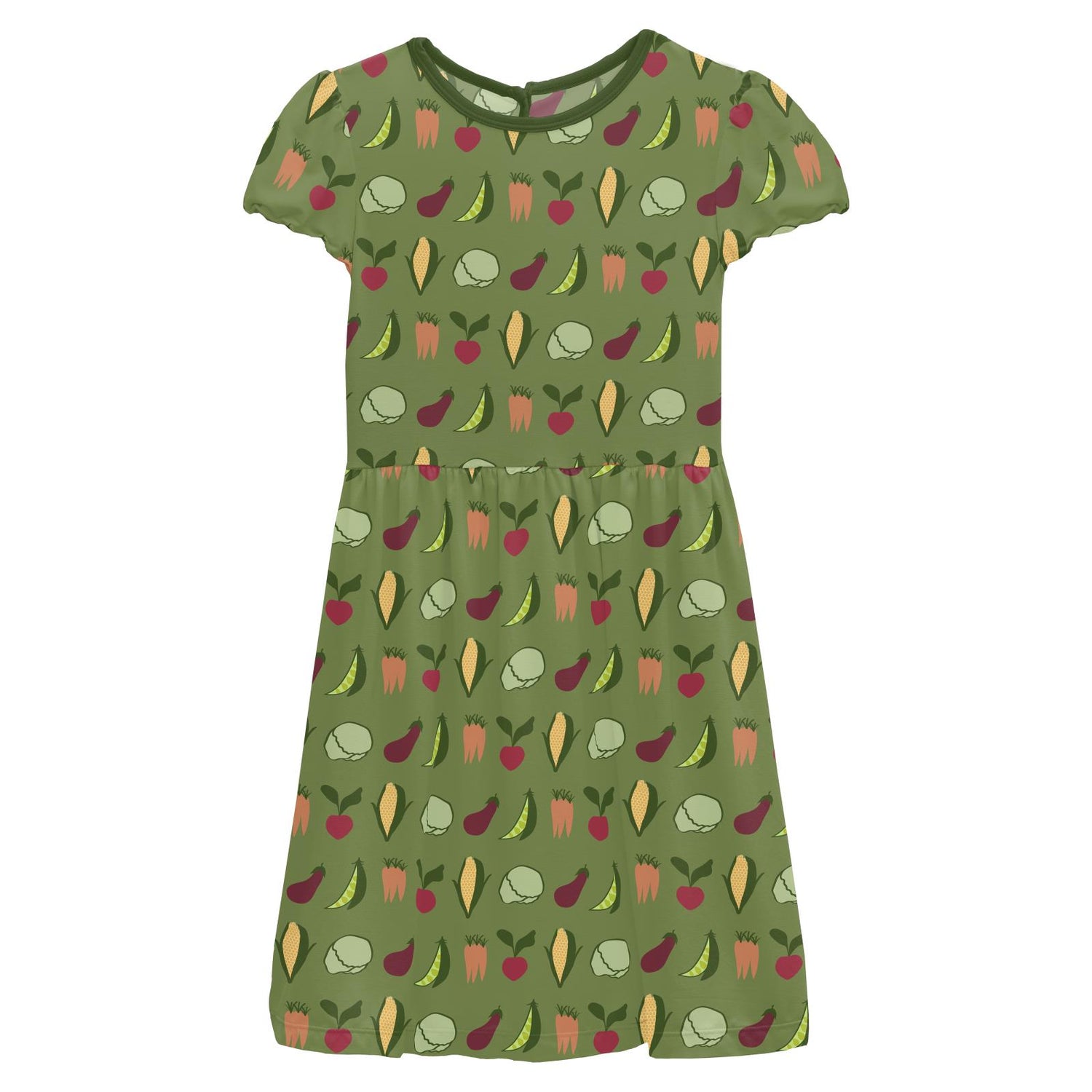 Print Flutter Sleeve Twirl Dress with Pockets in Grasshopper Garden Veggies (357872)