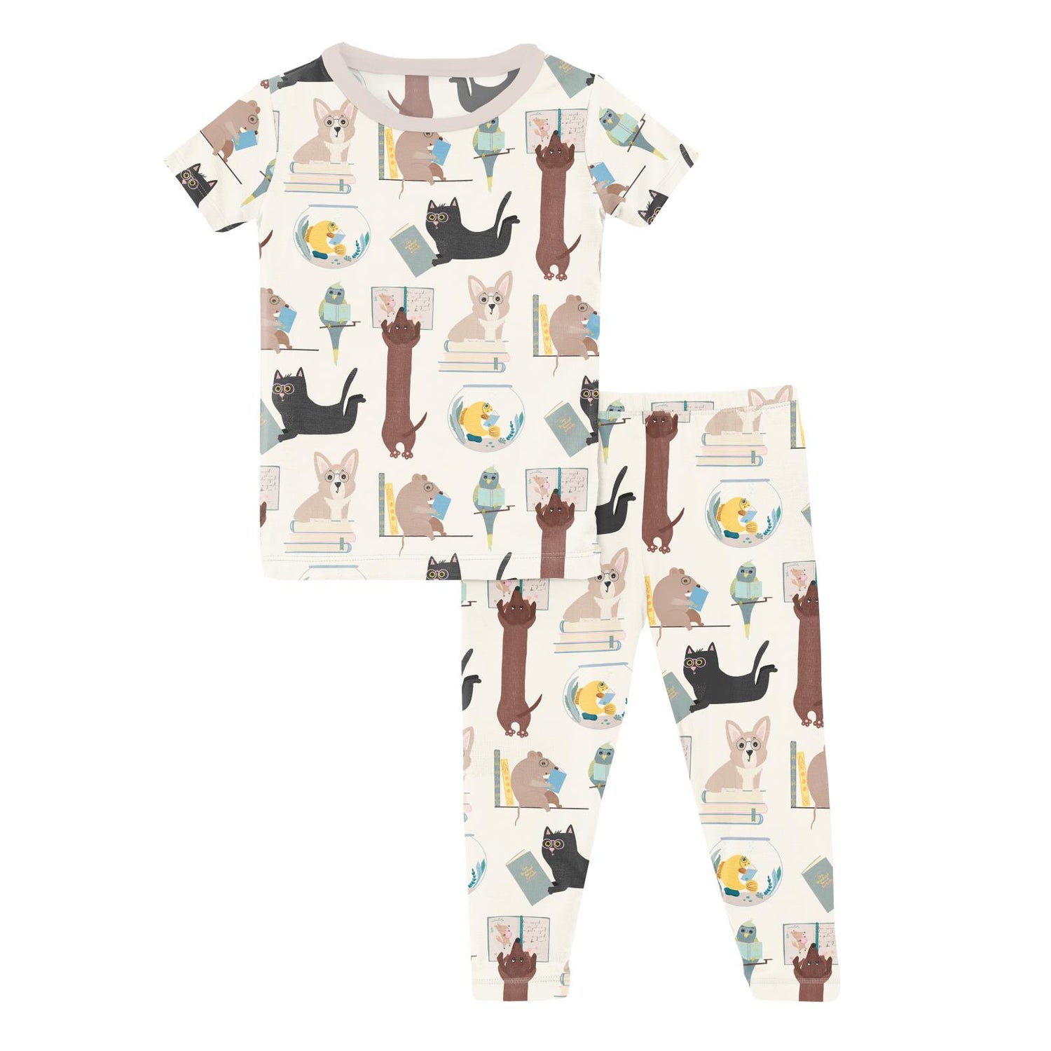 Print Short Sleeve Pajama Set in Natural Books & Pets (314065)