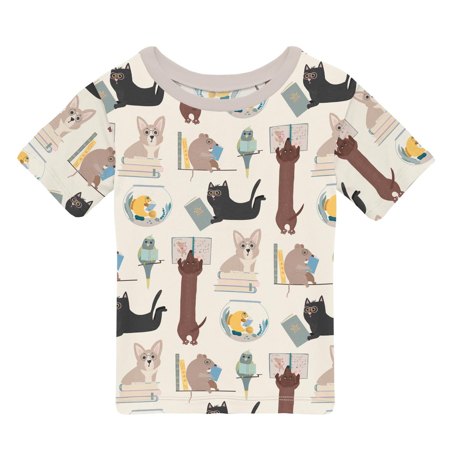 Print Short Sleeve Crew Neck Tee in Natural Books & Pets (314129)
