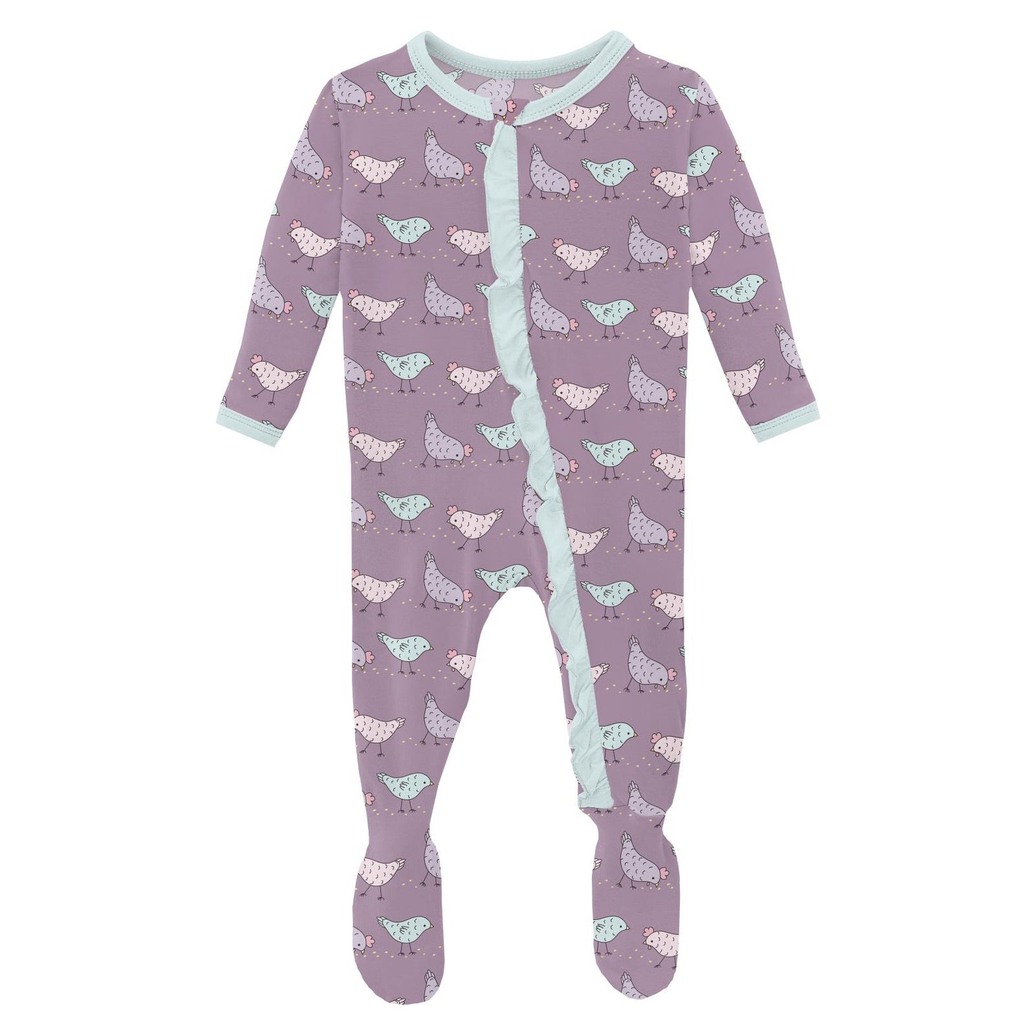 Print Classic Ruffle Footie with 2 Way Zipper in Lavender Chickens (310849)