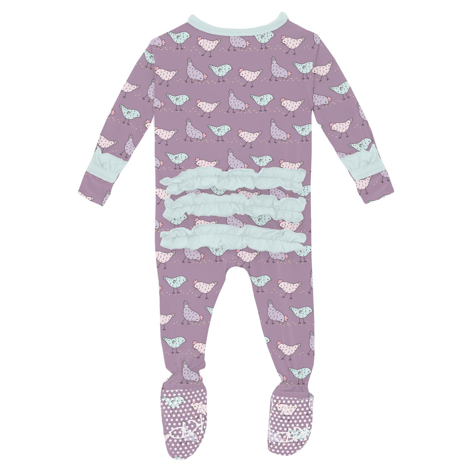 Print Classic Ruffle Footie with 2 Way Zipper in Lavender Chickens (310861)