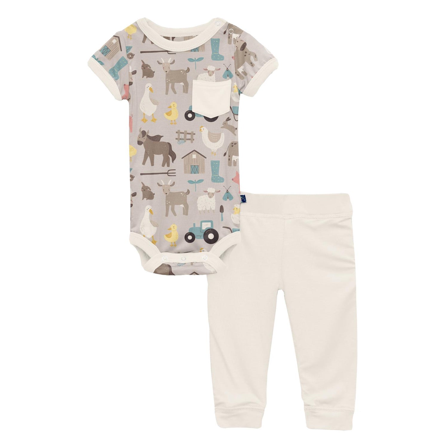 Print Short Sleeve Pocket One Piece & Pants Outfit Set in Latte Morning on the Farm (313787)