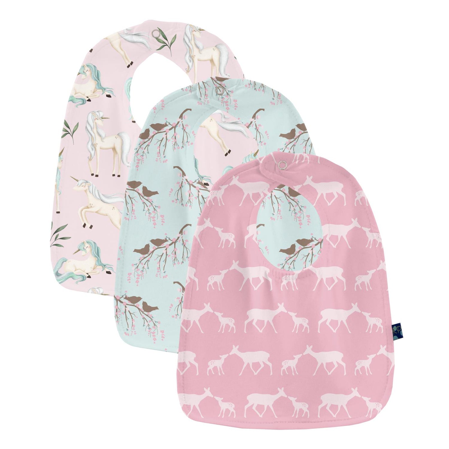Print Bib Set of 3 in Cake Pop Doe & Fawn, Fresh Air Bird Branch & Shrinking Violet Sleeping Unicorns (360179)
