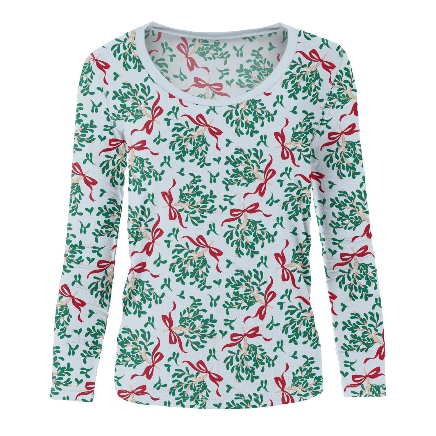 Women's Print Long Sleeve Scoop Neck Tee in Illusion Blue Mistletoe & Ribbons